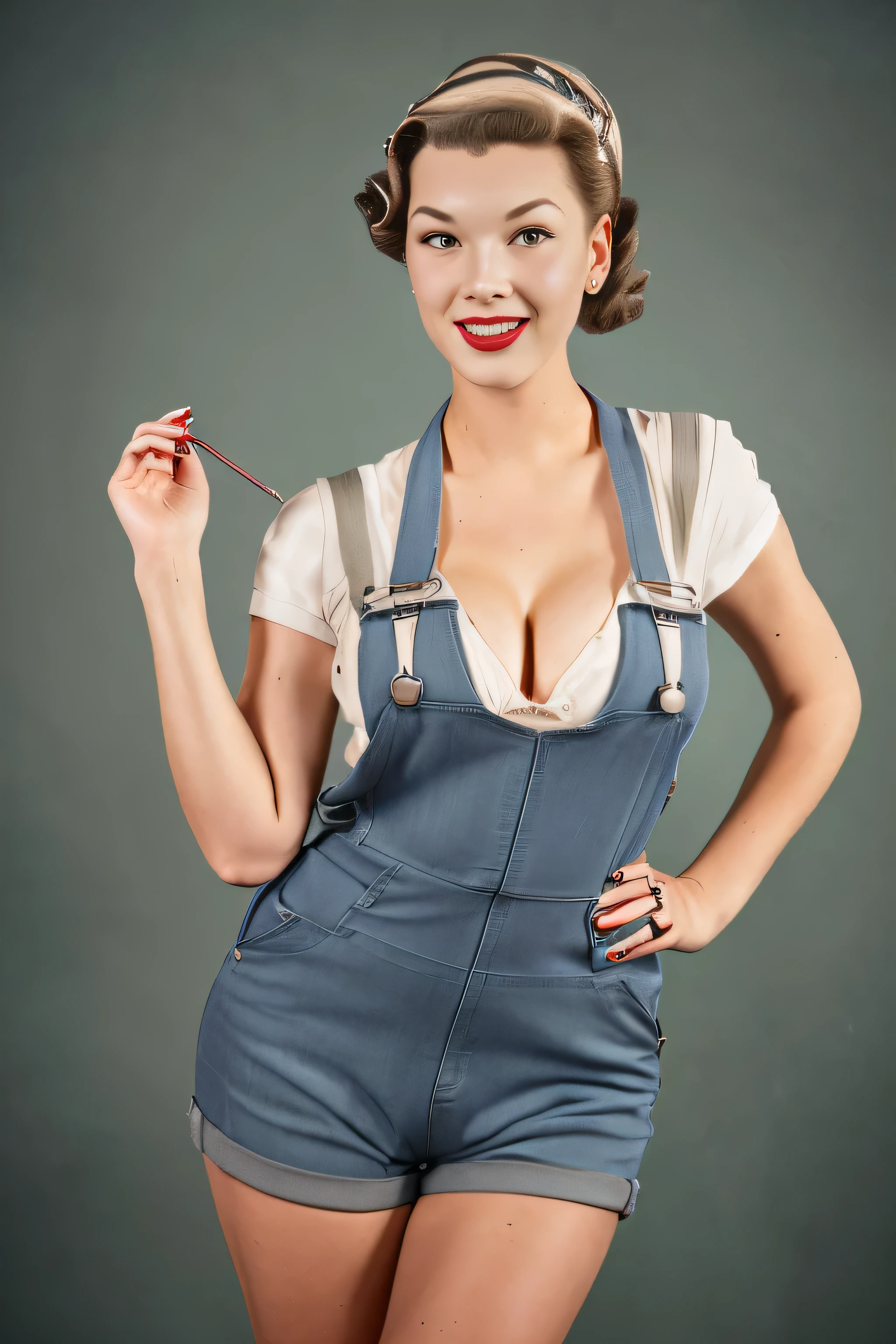 Ultra high resolution full body woman,(((Full length))), ((full body))
(((A woman in a repairman's suit Worker's overalls with short shorts with a large neckline)), perfect young face, smiling, red lips, 
(((((Girl in 50s style with retro hairstyle)))))  large breasts  full-length sexuality, and open mouth (full lips) creates the image of a glamorous girl. ((Look on camera)) 
(((hand up to face like military looking out into distance))), (foot is on the ball), ((( strong model posing))), low Angle, photostock style, 
the retro-USA vibe, ((The photo is made in photostock style)), good lighting , he model has a pin-up style with her hair styled in victory rolls, associated with Veronica Lake. (((plain studio background)))