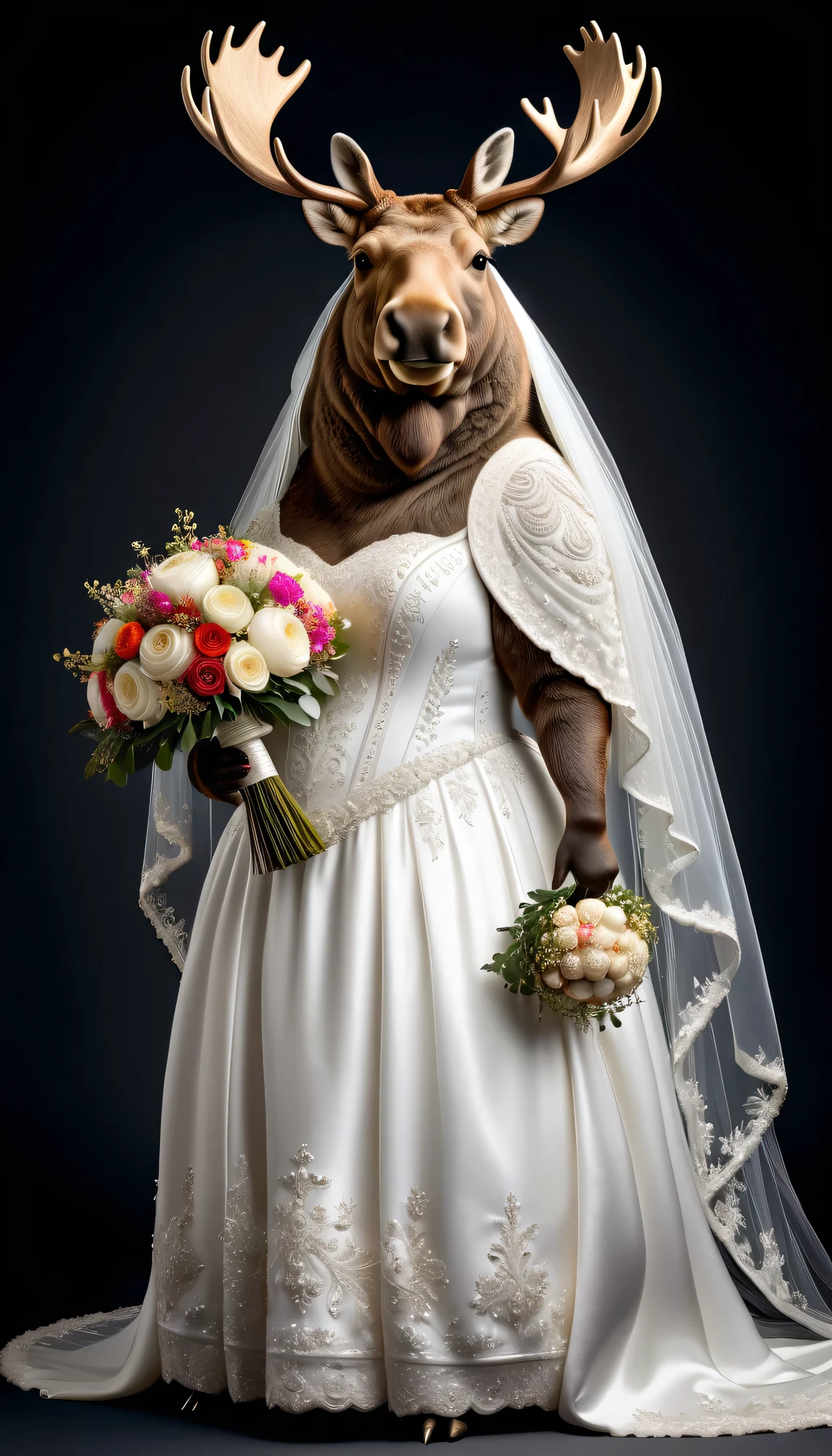 photorealistic portrait of Dressed animals - a ((fat)) moose bride,(elegant pose),(closed mouth),(furry), high quality,(lovely) ,intricate details, highly detailed (white wedding dress)),wearing opera globes ,wearing highly detailed veil, highly detailed decorations ,holding flower bouquet, (happy), studio lighting,(full body image:2.0)