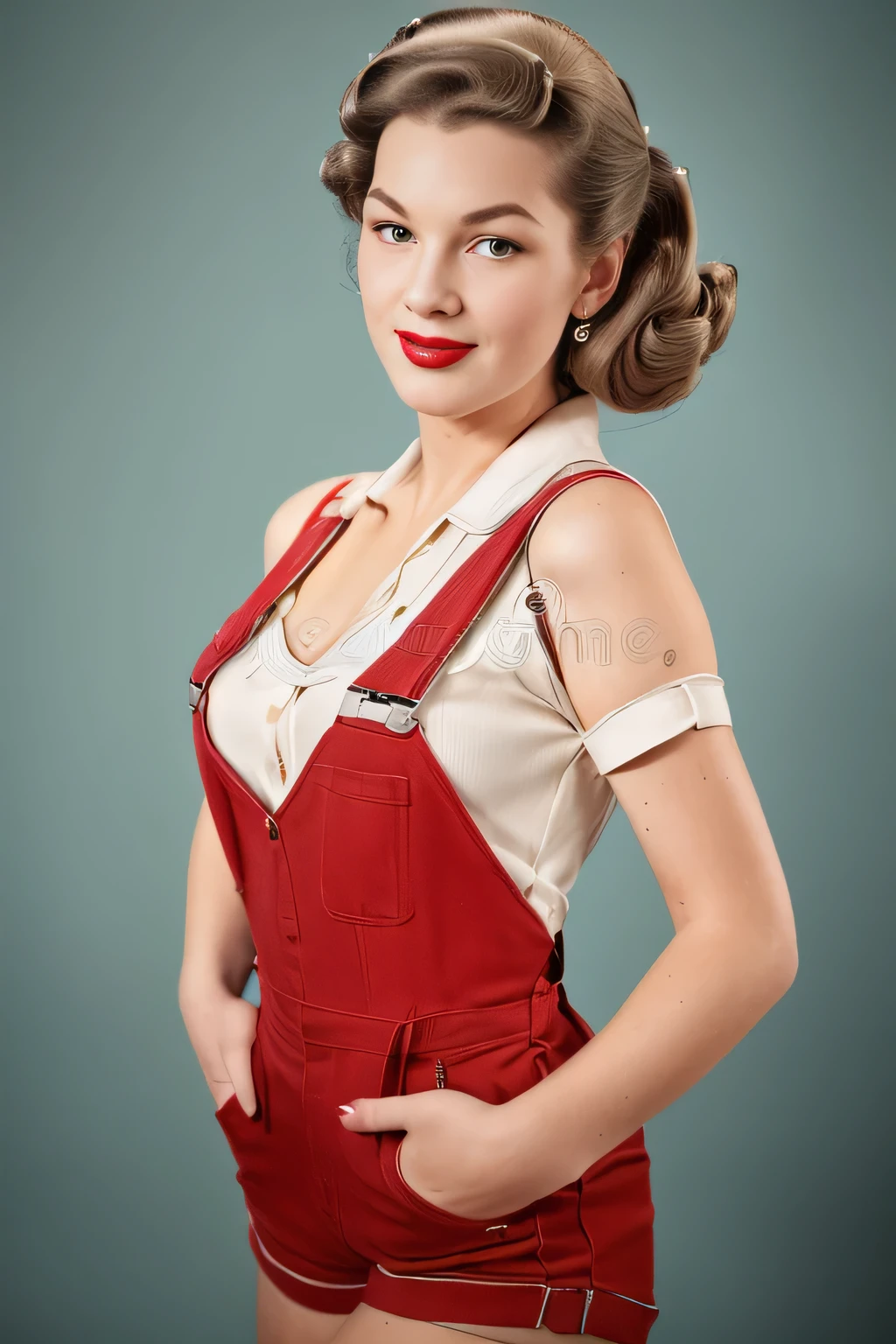 Ultra high resolution full body woman,(((Full length))), ((full body))
(((A woman in a repairman's suit Worker's overalls with short shorts with a large neckline)), perfect young face, smiling, red lips, 
(((((Girl in 50s style with retro hairstyle)))))  large breasts  full-length sexuality, and open mouth (full lips) creates the image of a glamorous girl. ((looks into the distance at someone far away)) ultra sexy posing
(((hand up to face like military looking out into distance))), (foot is on the ball), ((( strong model posing))), low Angle, photostock style, 
the retro-USA vibe, ((The photo is made in photostock style)), good lighting , he model has a pin-up style with her hair styled in victory rolls, associated with Veronica Lake. (((plain studio background)))