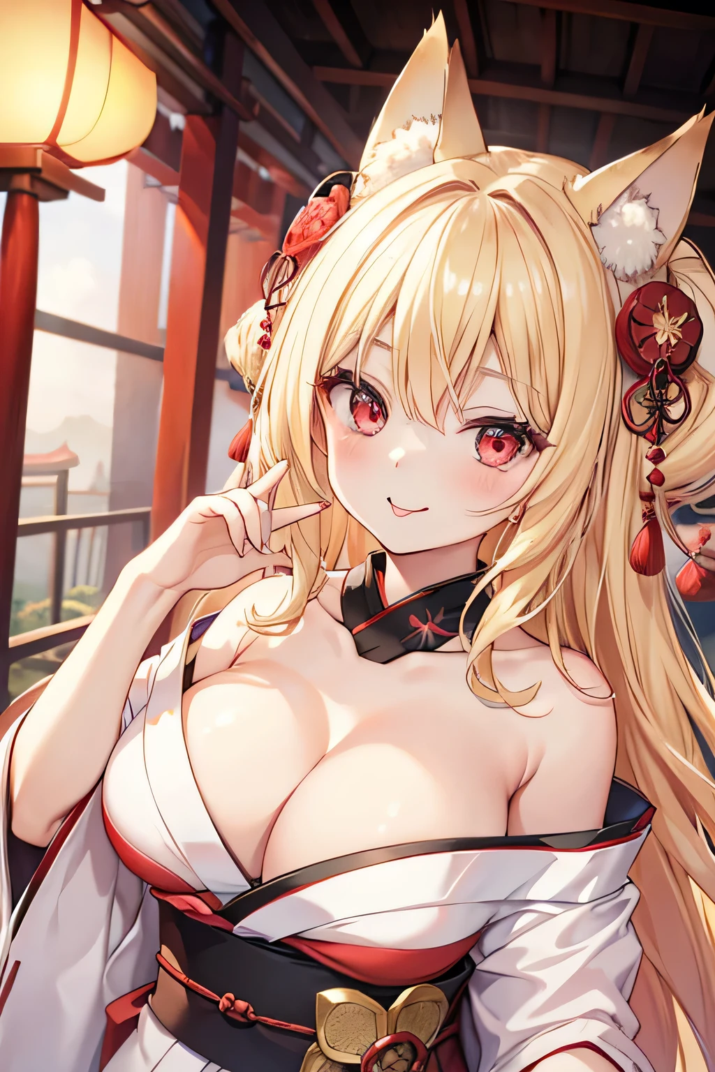 highest quality、Big Breasts、Cleavage、Fox ears、Long blonde、Red Eye、kimono、smile、Tongue out、Japanese-style room