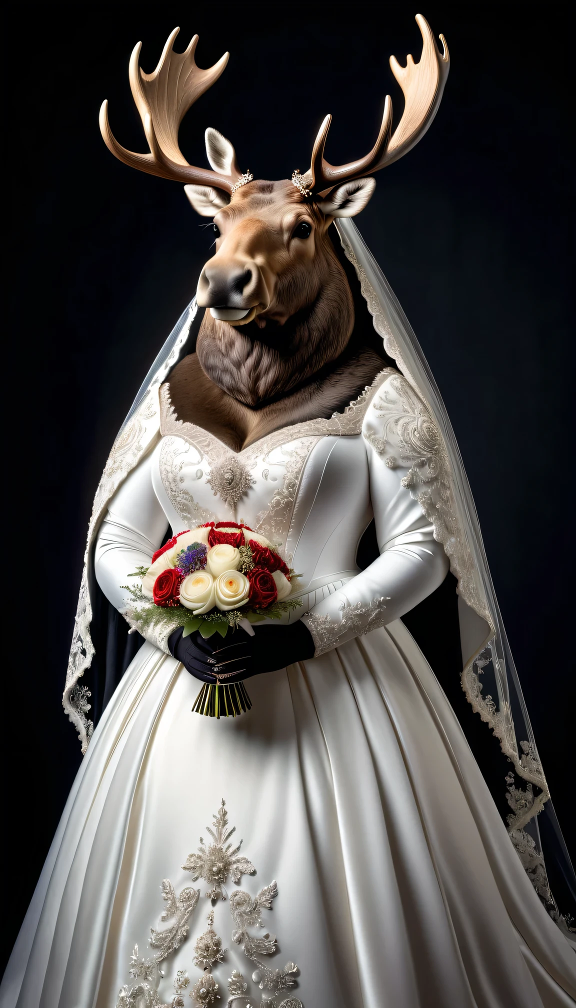 photorealistic portrait of Dressed animals - a ((fat)) moose bride,(elegant pose),(closed mouth),(furry), high quality,(lovely) ,intricate details, highly detailed (gothic wedding dress)),wearing opera globes ,wearing highly detailed veil, highly detailed decorations ,holding flower bouquet, (happy), studio lighting,(full body image:2.0)
