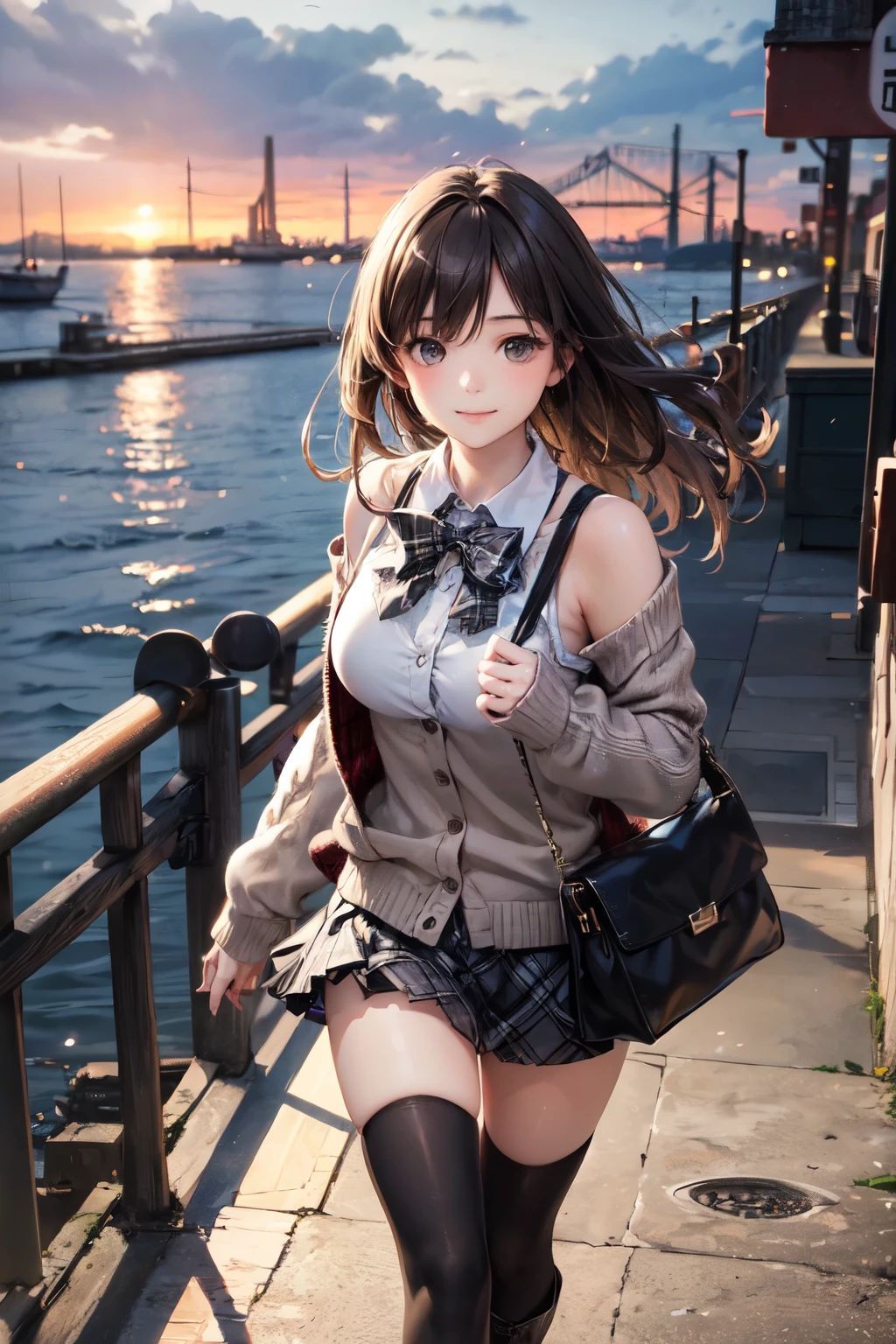 very cute and beautiful girl,teen,(highly detailed beautiful face),(gray blouse),(smile),
cowboy shot,(red cardigan:1.2),long sleeve BREAK zettai ryouiki,(brown shoulder bag),(plaid brown mini skirt:1.3),
walking,stylish pose,wavy hair,black hair,(black boots),
(Yokohama:1.2),(port town,cityscape overview:1.2),detailed landscape,
(best quality,masterpiece),absurdres,highres,ultra-detailed,extremely detailed,32k,8k resolution,
intricate details,cinematic scene,detailed background,solo,dynamic angle,
hair fluttering in the wind,beautiful detailed sky,(realistic),