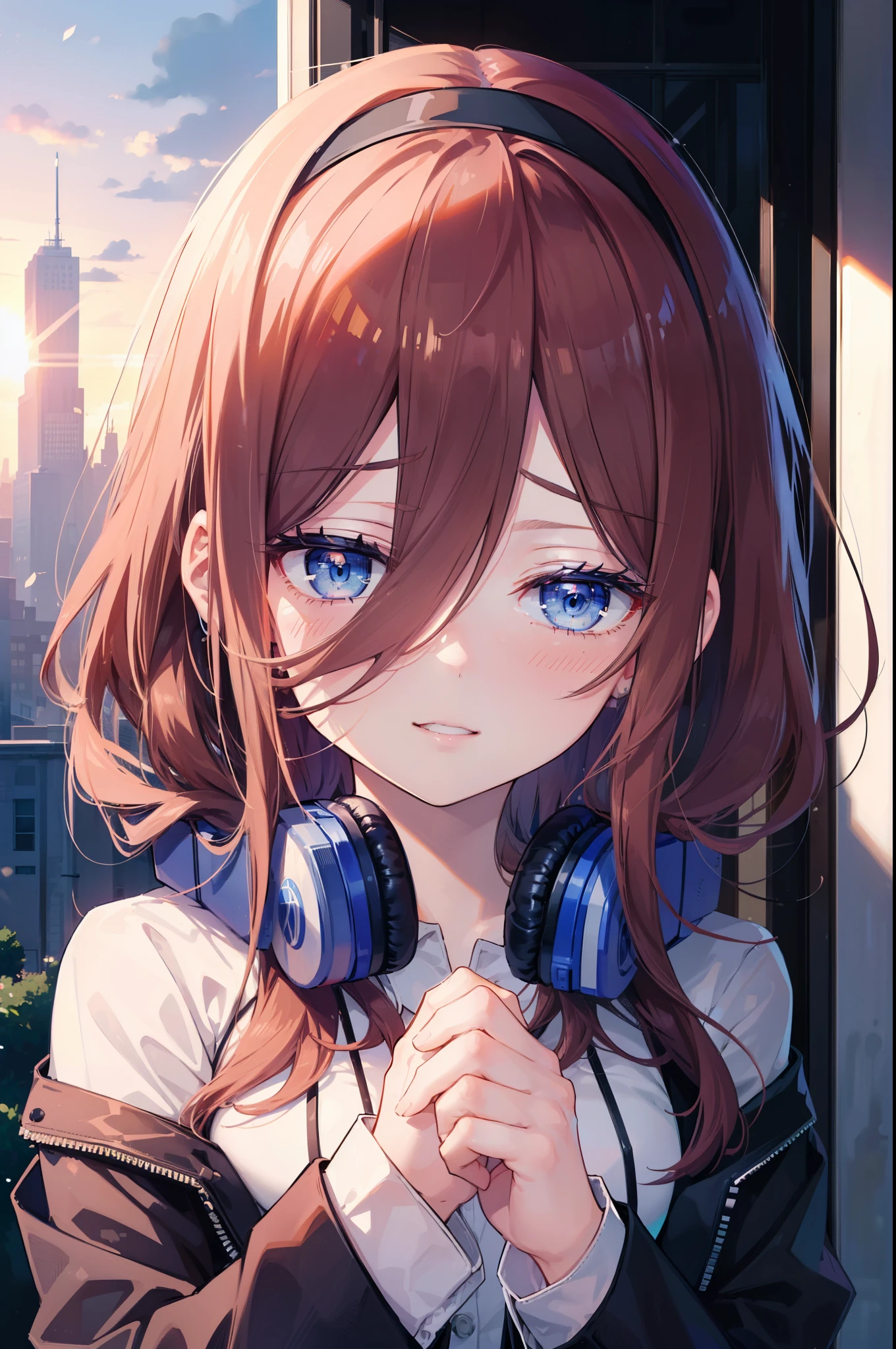 Miku Nakano, Miku Nakano, Long Hair, bangs, blue eyes, Brown Hair,,Blue Hairband ,Hair between the eyes, happy smile, smile, Open your mouth,Headphones around the neck,OL, Akagi glasses, Black suit jacket, Collared jacket, White dress shirt, Collared shirt, Neckline, button, Black pencil skirt, Black pantyhose,Stiletto heels,whole bodyがイラストに入るように,sunset,evening,The sun is setting,
break outdoors, city,Building district,
break looking at viewer, whole body, (Cowboy Shot:1. 5)
break (masterpiece:1.2), highest quality, High resolution, unity 8k wallpaper, (shape:0.8), (Beautiful details:1.6), Highly detailed face, Perfect lighting, Extremely detailed CG, (Perfect hands, Perfect Anatomy),