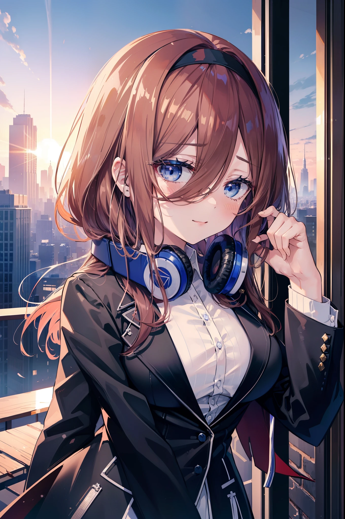 Miku Nakano, Miku Nakano, Long Hair, bangs, blue eyes, Brown Hair,,Blue Hairband ,Hair between the eyes, happy smile, smile, Open your mouth,Headphones around the neck,OL, Akagi glasses, Black suit jacket, Collared jacket, White dress shirt, Collared shirt, Neckline, button, Black pencil skirt, Black pantyhose,Stiletto heels,whole bodyがイラストに入るように,sunset,evening,The sun is setting,
break outdoors, city,Building district,
break looking at viewer, whole body, (Cowboy Shot:1. 5)
break (masterpiece:1.2), highest quality, High resolution, unity 8k wallpaper, (shape:0.8), (Beautiful details:1.6), Highly detailed face, Perfect lighting, Extremely detailed CG, (Perfect hands, Perfect Anatomy),