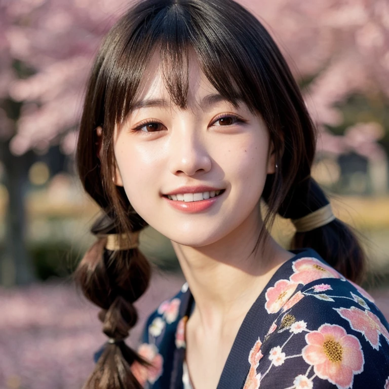 Beautiful Japan JK(Realistic:1.3), Perfect teeth alignment,Rembrandt Lighting, (masterpiece:1.2), (photoRealistic:1.2), (highest quality), (Detailed skin:1.3), (Intricate details), dramatic, Ray Tracing,One girl, Japanese Girls, 21 years old, Detailed skin texture, (blush:0.5), Scattered beneath the surface, Front of face, bangs, Hair between the eyes, Twin tails, Floral print, Autumn scenery, Plum blossom, (It was transparent:1.2), Pop Idol,