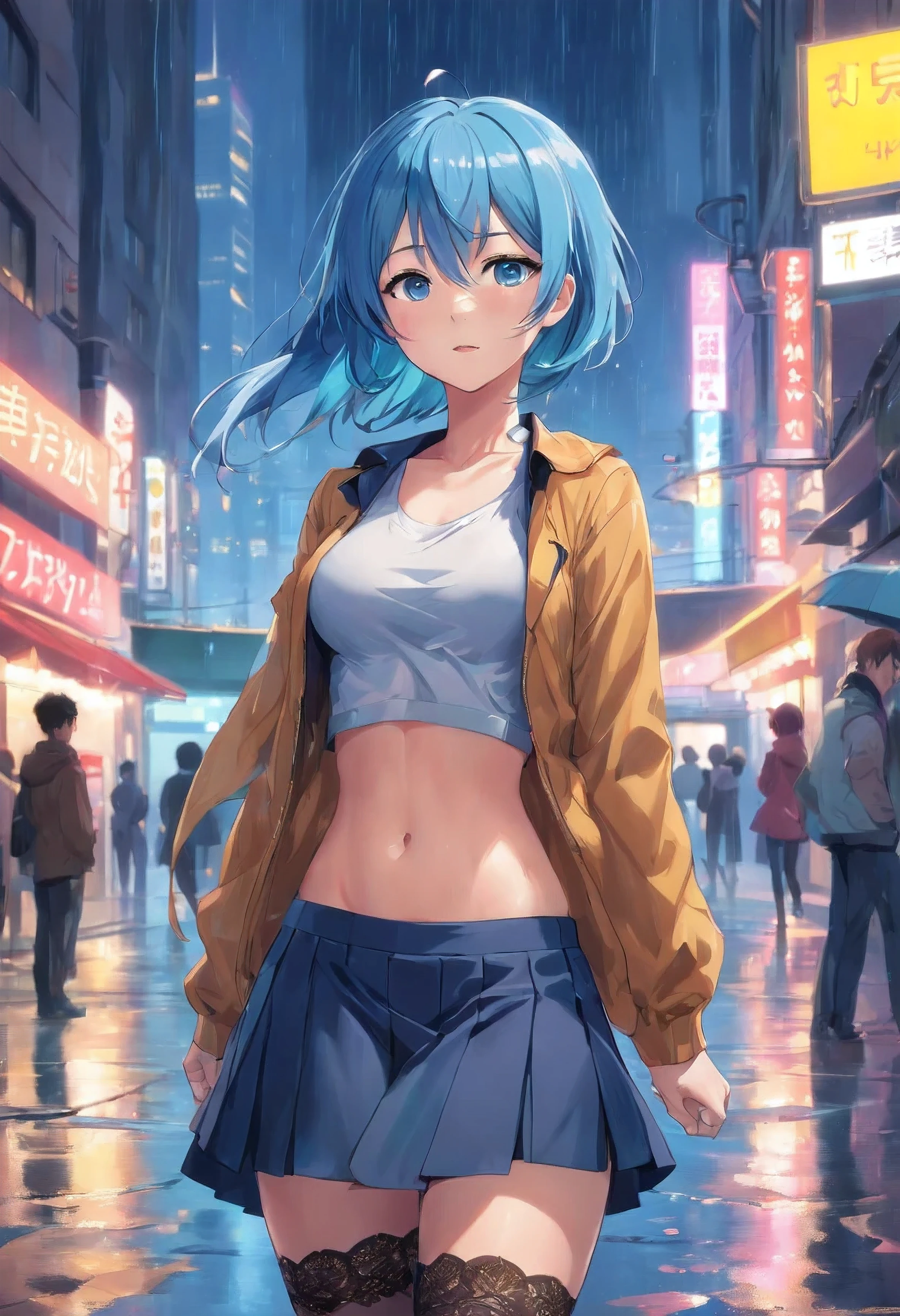 Girl standing in heavy rain, Night in the yard, Skyscraper lights, Wet characteristics, Wet clothes, Sadness Face, Tears on her cheeks, The sadness on her face, Blue hair, Blue eyes, negative:Crooked fingers, Thick legs, Incorrect body posture 4K,Masterpiece,Best quality))]，Girl group，dance，lamplight，Girl group dance，spread their legs，Spread your legs，Spread your legs，Open gear，Smooth skin, Solo,waist-length hair,，Erotic ，gigantic cleavage breasts，Burst breasts，nedium breasts，Super huge breasts。Super huge，extra very long hair，Black lace stockings，slimfigure，Vest line，Wrinkles，exposing your navel，revealing her belly，Long-sleeved crop top，pleatedskirt，full bodyesbian，dishiveredhair，Orgasmic face，Good face
