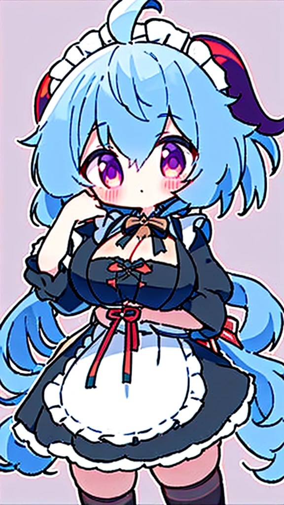 ((8K,masterpiece, best quality)),
1girl, solo, ganyu (genshin impact), breasts, horns, maid, long hair, thighhighs, blue hair, ahoge, looking at viewer, white thighhighs, holding, blush, maid headdress, apron, alternate costume, frills, cleavage, enmaided, bangs, dress, short sleeves, zettai ryouiki, black dress, purple eyes, medium breasts,  goat horns, frilled dress, very long hair, standing, puffy sleeves, closed mouth, maid apron, sidelocks, white apron, cowboy shot, puffy short sleeves, simple background, (red eyes), frilled apron, hair between eyes,