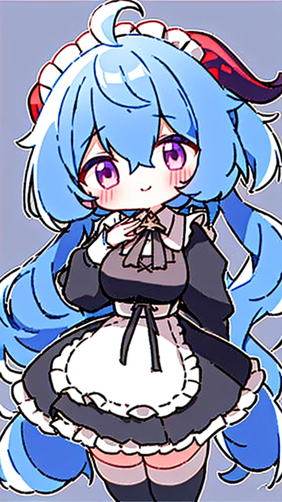 ((8K,masterpiece, best quality)),
1girl, solo, ganyu (genshin impact), breasts, horns, maid, long hair, thighhighs, blue hair, ahoge, looking at viewer, white thighhighs, holding, blush, maid headdress, apron, alternate costume, frills, cleavage, enmaided, bangs, dress, short sleeves, zettai ryouiki, black dress, purple eyes, medium breasts, goat horns, frilled dress, very long hair, standing, puffy sleeves, closed mouth, maid apron, sidelocks, white apron, cowboy shot, puffy short sleeves, simple background, (red eyes), frilled apron, hair between eyes,