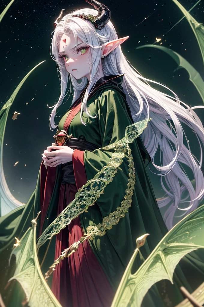 beautiful, (Best Illustration), 8k resolution, Intricate details, best quality, Practical, Super detailed, Optimal lighting, Best shadows, Ultra HD,), (Glittering red eyes), (Glowing eyes), ((((Black long hair: 1.1))), ((Dark green clothes)), (Queen (indifferent expression), , (((Wearing a high-detail luxurious green robe))),, Starry night sky, Meteorite fall, Elf ears, ((White skin)), There is a dragon horn on the forehead, Surrounded by dragons