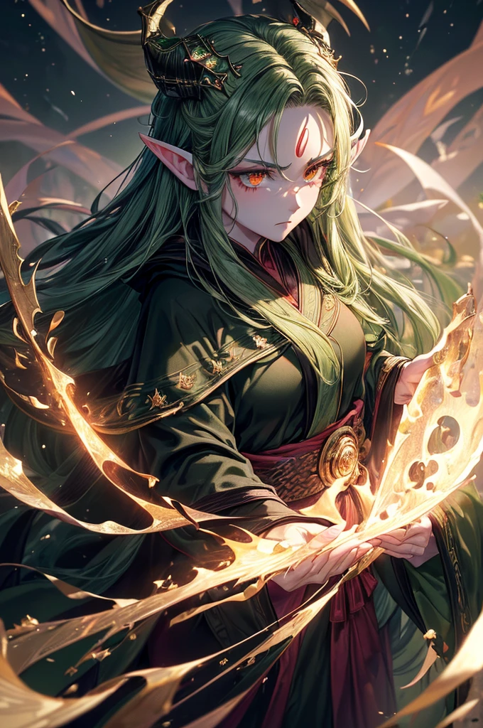 beautiful, (Best Illustration), 8k resolution, Intricate details, best quality, Practical, Super detailed, Optimal lighting, Best shadows, Ultra HD,), (Glittering red eyes), (Glowing eyes), ((((Black long hair: 1.1))), ((Dark green clothes)), (Queen (indifferent expression), , (((Wearing a high-detail luxurious green robe))),, Starry night sky, Meteorite fall, Elf ears, ((White skin)), There is a dragon horn on the forehead, Surrounded by dragons