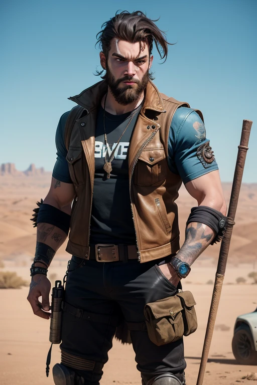 Logan, X-mem, 3D, 4K. Logan, X-mem, 3D, 4K, Good looking, ultra realistic. A 27-year-old masculine male cyberpunk character, post - apocalyptic cowboy, with a rugged appearance, in mad max style, 4k wild west, wearing a leather vest adorned with pockets and straps, and metal cyberpunk staffs, brass goggles resting atop his forehead, short bearded and a determined expression in his piercing blue eyes. Settings in a vast hot golden desert