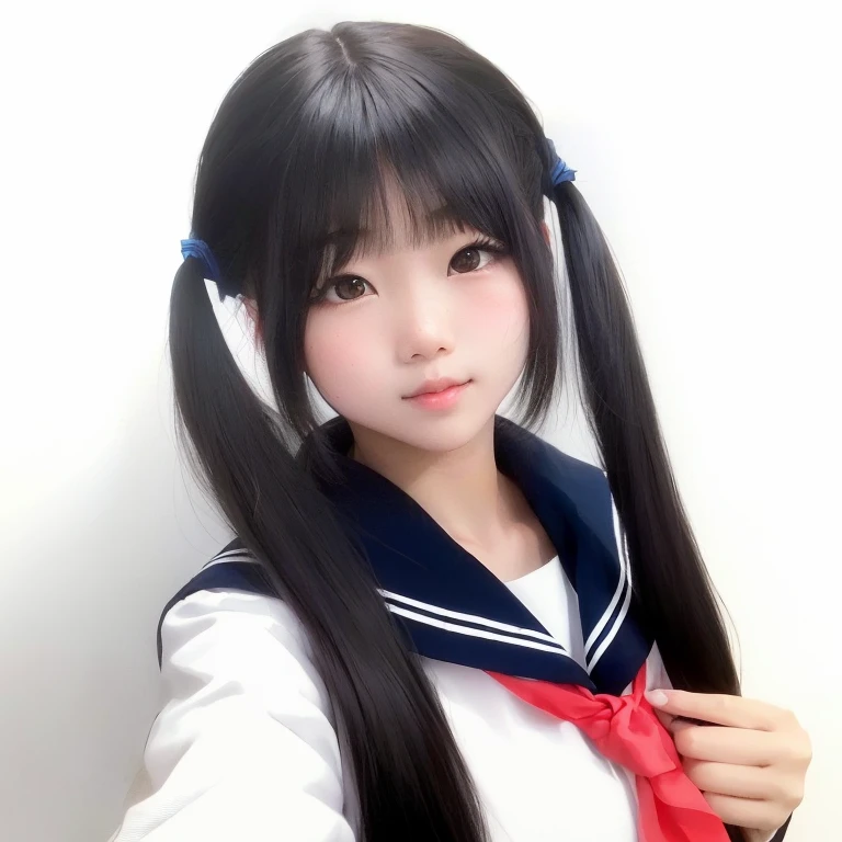 There is a young girl with long black hair wearing a sailor suit, Anime girls in real life, Anime Girl Cosplay, Double tail, black hime cut hair, Japanese school uniform for girls, Qingfu, Sakimi Chen, Double tail hairstyle, Cute kawaii girl, Sakimichan, She has black hair,With bangs, Wear Japanese , Shikami