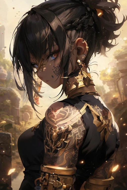 A closeup of a woman with a tattoo on her blue arm, olhos azuis, intrincado estilo cgi anime ornamentado, arte de anime digital detalhada em azul, arte detalhada do anime, arte detalhada do personagem de anime, por Yang J, arte detalhada do anime, arte de anime limpa e detalhada, anime epic artwork, fanart requintada altamente detalhada, arte chave detalhada do anime, epic exquisite character art, corpo intrincado, black anime manga girl