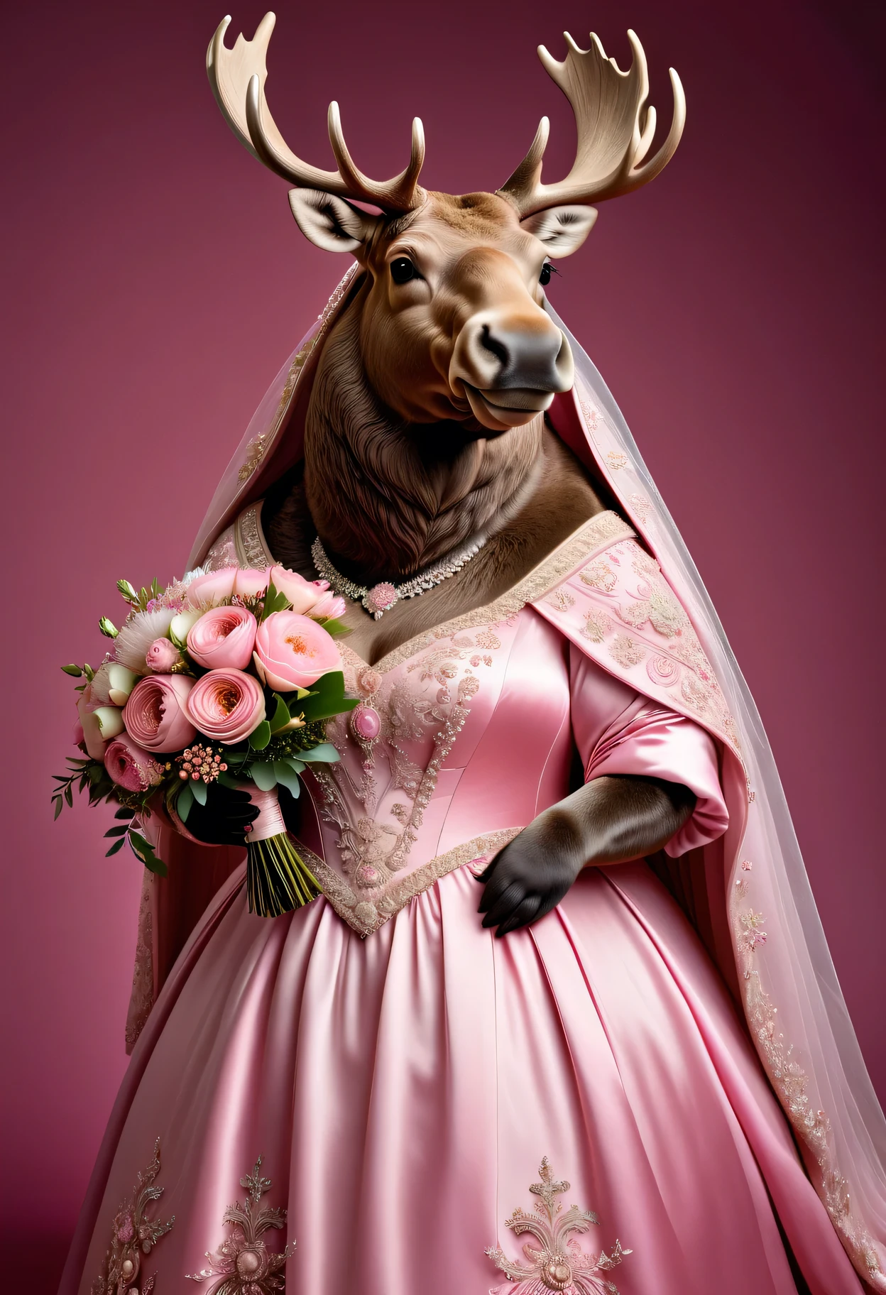 photorealistic portrait of Dressed animals - a ((fat)) moose bride,(elegant pose),(closed mouth),(furry), high quality,(lovely) ,intricate details, highly detailed ((pink wedding dress)),wearing opera globes ,wearing highly detailed veil, highly detailed decorations ,holding flower bouquet, (happy), studio lighting,(full body image:2.0)