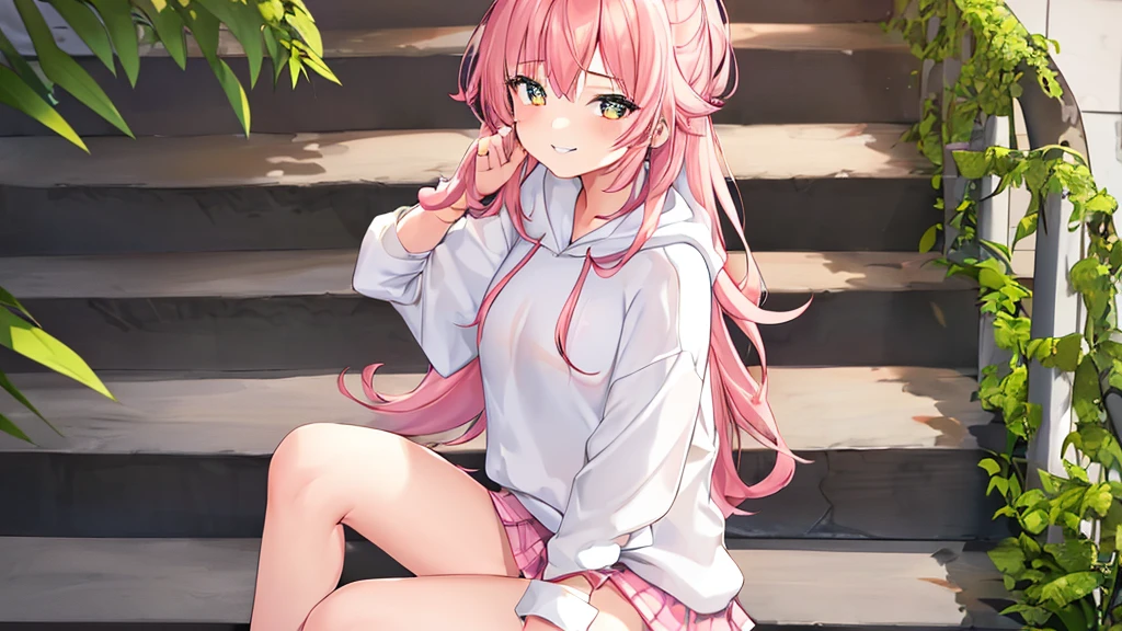 Young girl, Pink Hair, Amber Eyes, Wearing a white shirt, hoodie, mini skirt, Sitting on the stairs, close, High resolution, 4K, 8k, Soft lighting, Big smile, close your eyes, cheeks turn a little red, Detailed face, Long Hair