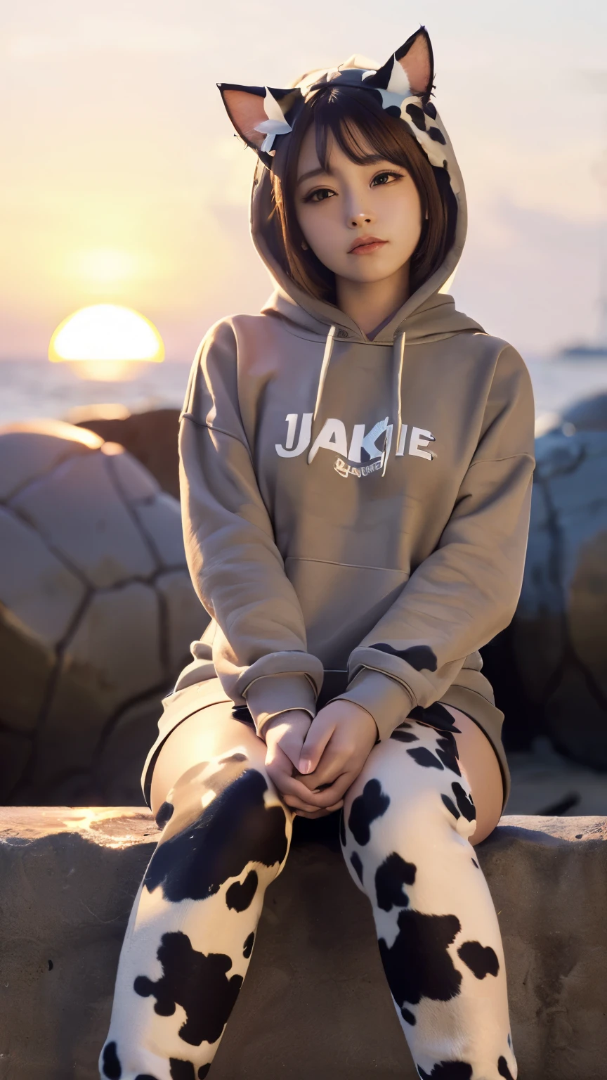 masterpiece, 4k, Bokeh, (Japanese idol:1.6), (Cat ears:1.3) , Light brown eyes, (Cow pattern Hoodie :1.4), Blushed face, looking at the viewer, sitting, (Holding cat),
(sunset seashore :1.4), (close up:1.2), (From below:1.4)