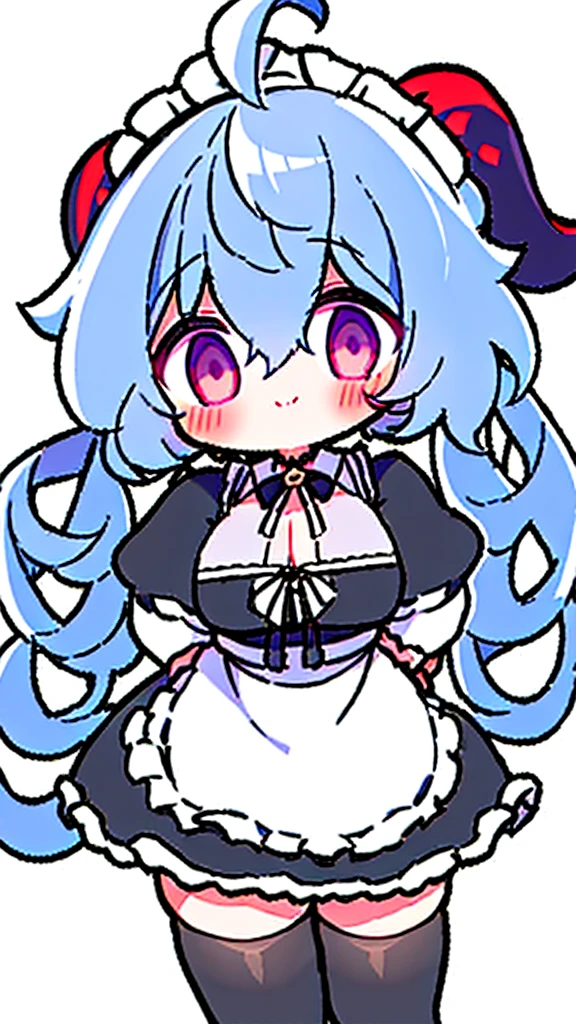 ((8K,masterpiece, best quality)),
1girl, solo, ganyu (genshin impact), breasts, horns, maid, long hair, thighhighs, blue hair, ahoge, looking at viewer, white thighhighs, holding, blush, maid headdress, apron, alternate costume, frills, cleavage, enmaided, bangs, dress, short sleeves, zettai ryouiki, black dress, purple eyes, medium breasts,  goat horns, frilled dress, very long hair, standing, puffy sleeves, closed mouth, maid apron, sidelocks, white apron, cowboy shot, puffy short sleeves, simple background, (red eyes), frilled apron, hair between eyes,