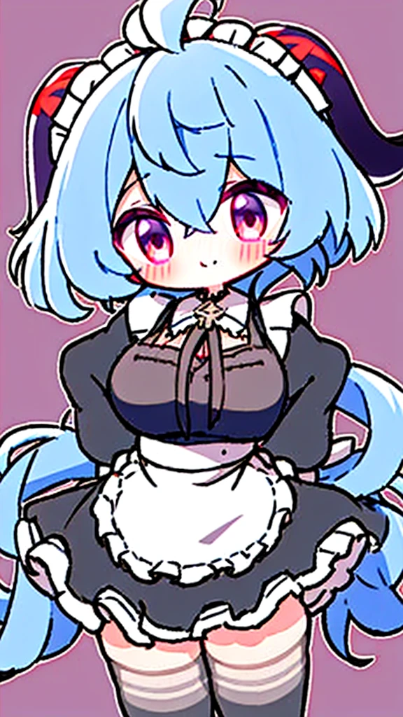 ((8K,masterpiece, best quality)),
1girl, solo, ganyu (genshin impact), breasts, horns, maid, long hair, thighhighs, blue hair, ahoge, looking at viewer, white thighhighs, holding, blush, maid headdress, apron, alternate costume, frills, cleavage, enmaided, bangs, dress, short sleeves, zettai ryouiki, black dress, purple eyes, medium breasts, goat horns, frilled dress, very long hair, standing, puffy sleeves, closed mouth, maid apron, sidelocks, white apron, cowboy shot, puffy short sleeves, simple background, (red eyes), frilled apron, hair between eyes,