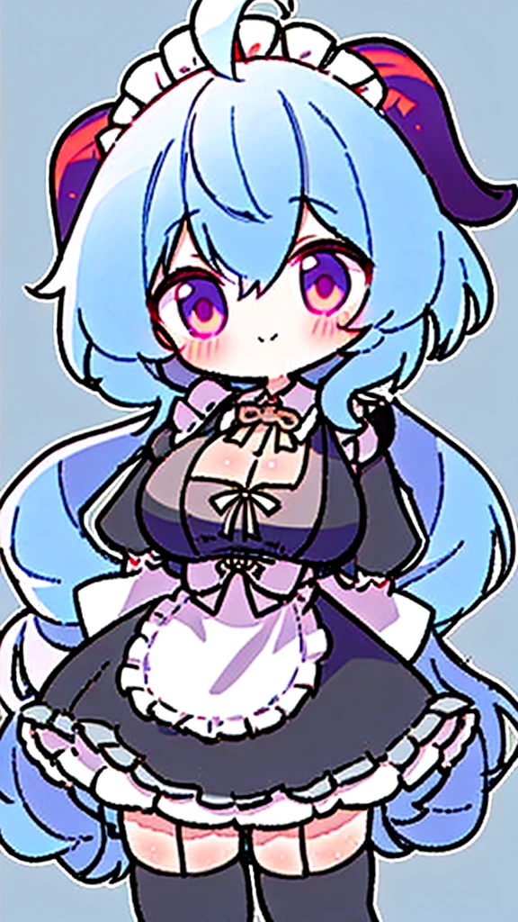 ((8K,masterpiece, best quality)),
1girl, solo, ganyu (genshin impact), breasts, horns, maid, long hair, thighhighs, blue hair, ahoge, looking at viewer, white thighhighs, holding, blush, maid headdress, apron, alternate costume, frills, cleavage, enmaided, bangs, dress, short sleeves, zettai ryouiki, black dress, purple eyes, medium breasts, goat horns, frilled dress, very long hair, standing, puffy sleeves, closed mouth, maid apron, sidelocks, white apron, cowboy shot, puffy short sleeves, simple background, (red eyes), frilled apron, hair between eyes,