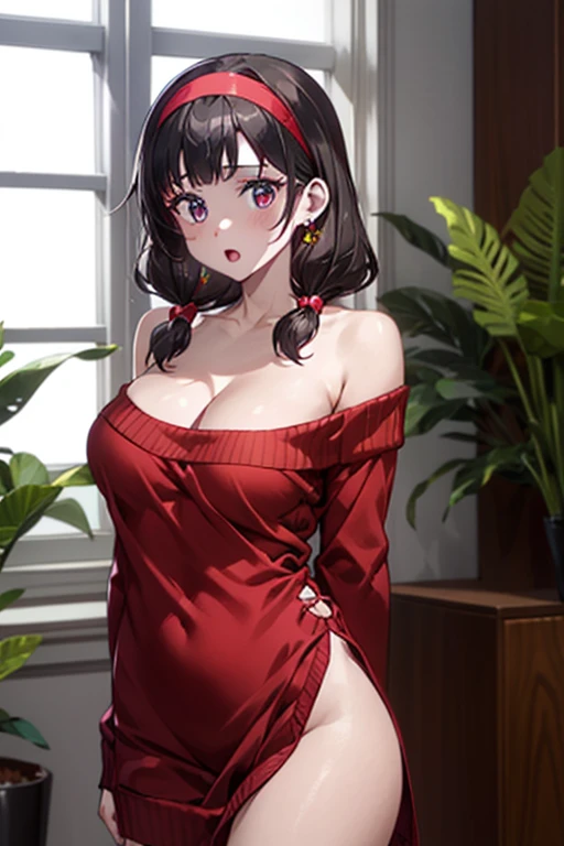 masterpiece, yor, 1girl, Bust A Cup, Amazing Cleavage:1.0, thin waist, big ass, Raised sexy, medium breast: 1.8 posed cleavage:1.2、solo, looking at viewer, open mouth, black hair, red eyes, dress, bare shoulders, jewelry, collarbone, sidelocks, hairband, earrings, indoors, off shoulder, :o, sweater, arms behind back, plant, short hair with long locks, white hairband, off-shoulder dress, sweater dress, off-shoulder sweater, red sweater, big side hair, very long side hair,is rendered in (masterpiece: 1.2, best quality), with (ultra high resolution) and an exquisite (depth of field). This masterpiece is not only visually stunning but also tells