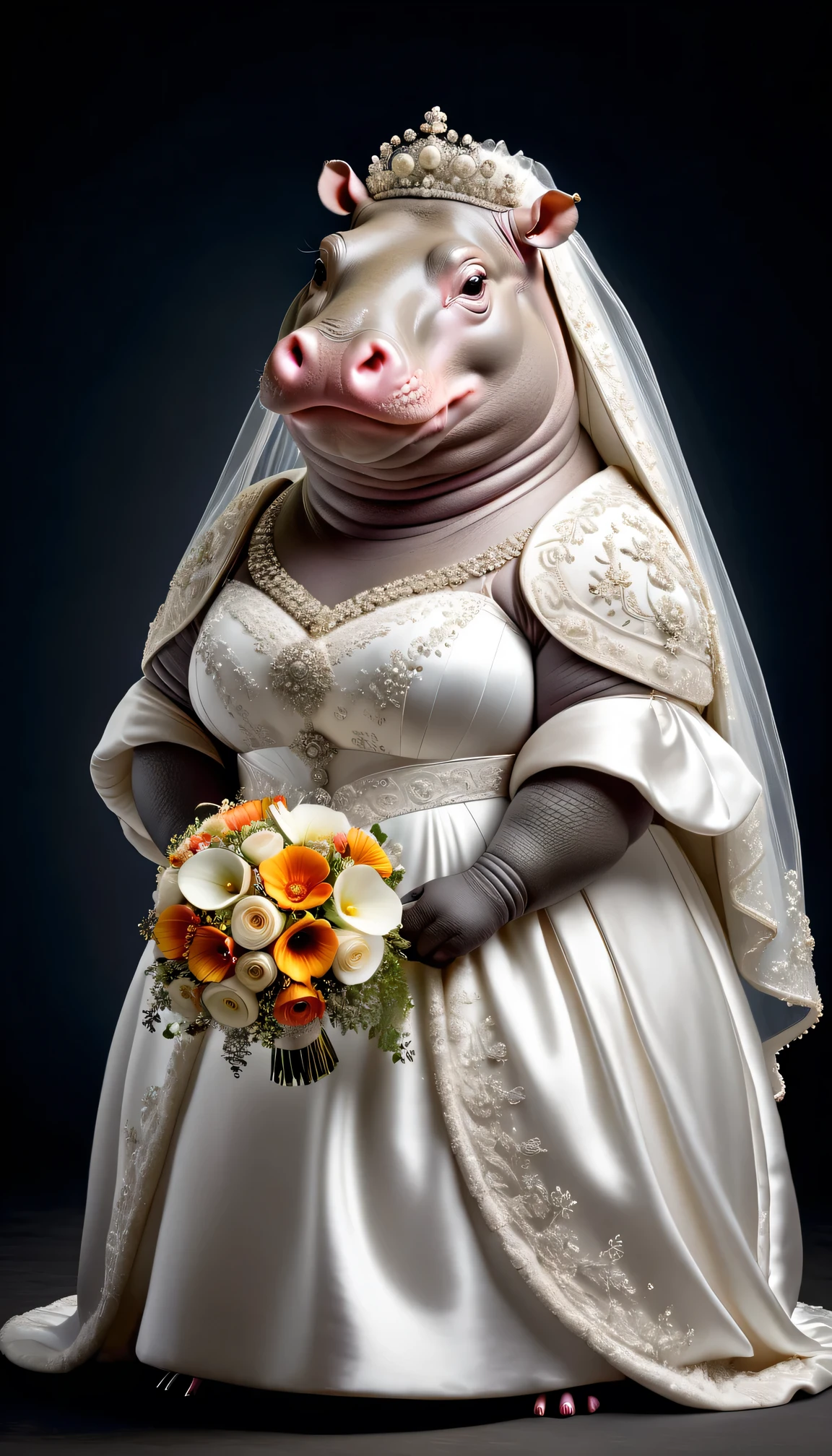 photorealistic portrait of Dressed animals - a ((fat)) hippo bride,(elegant pose),(closed mouth),(furry), high quality,(lovely) ,intricate details, highly detailed ((white wedding dress)),wearing opera globes ,wearing highly detailed veil, highly detailed decorations ,holding flower bouquet, (happy), studio lighting,(full body image:2.0)