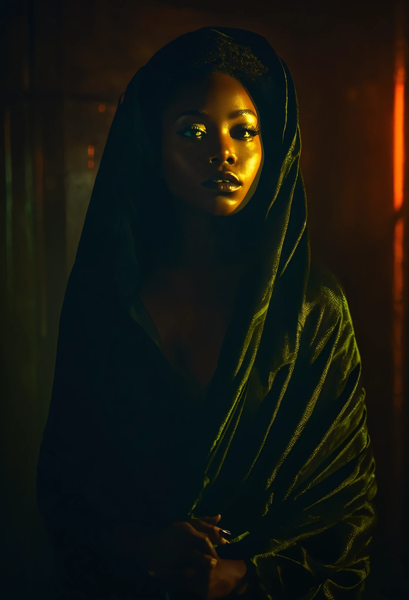 young, stunning black woman is enveloped in dim, moody lighting, punctuated by bright, fluorescent accents, creating a sense of mystery and unease
