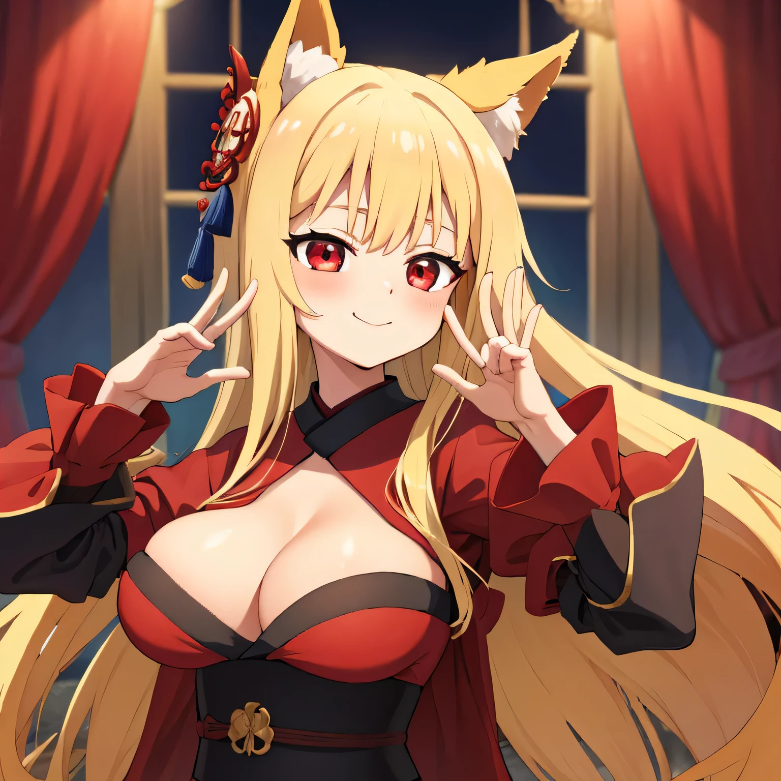 highest quality、Big Breasts、Cleavage、Fox ears、Long blonde、Red Eye、kimono、smile、Japanese-style room