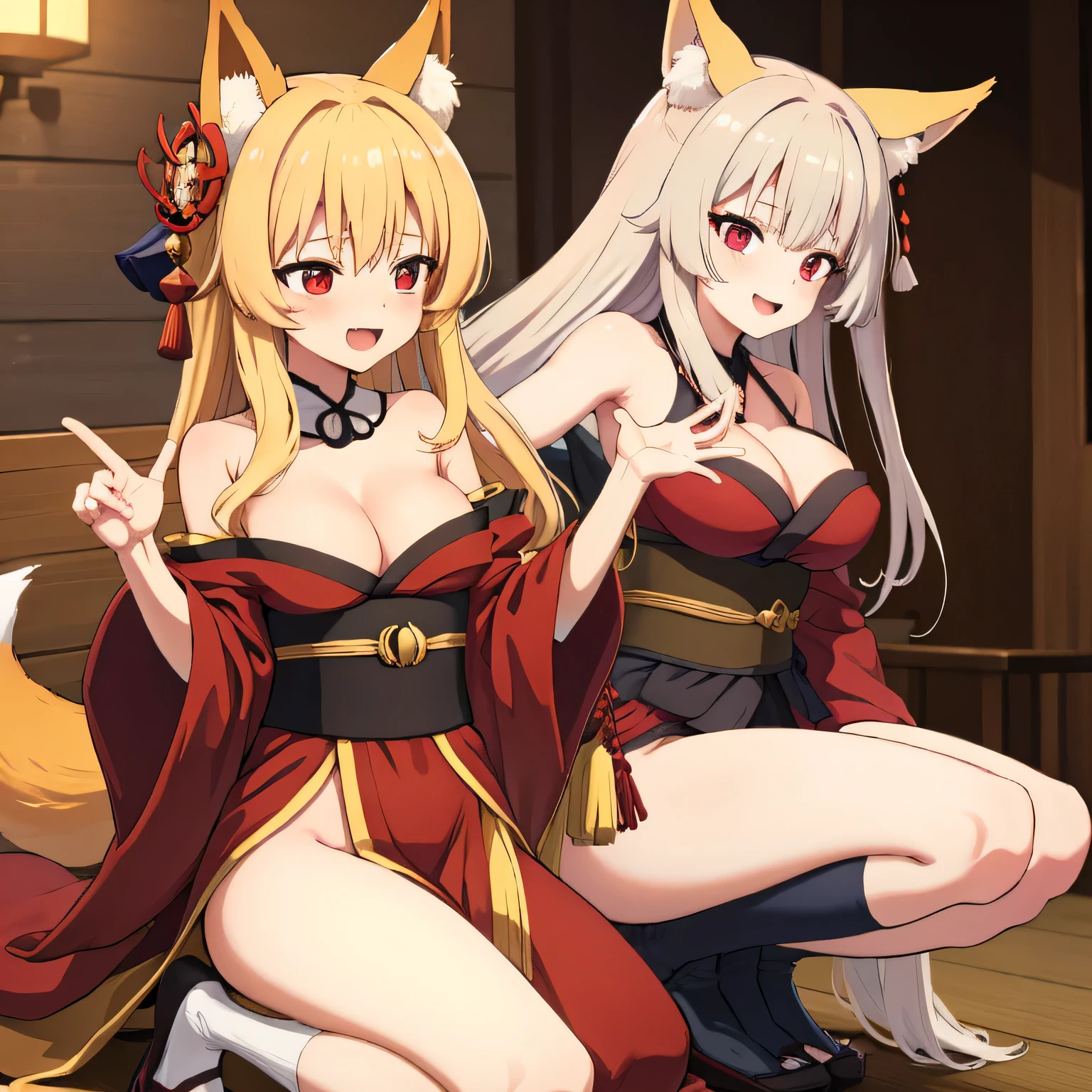 highest quality、Big Breasts、Cleavage、Fox ears、Long blonde、Red Eye、kimono、smile、Japanese-style room