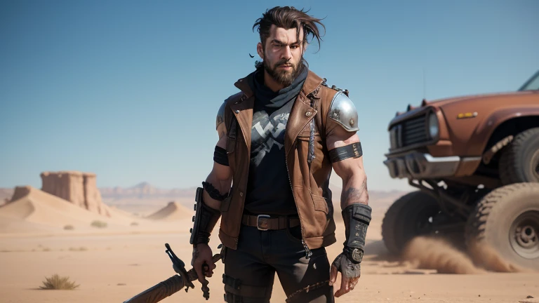 Logan, X-mem, 3D, 4K. Logan, X-mem, 3D, 4K, Good looking, ultra realistic. A 27-year-old masculine male cyberpunk character, post - apocalyptic cowboy, with a rugged appearance, in mad max style, 4k wild west, wearing a leather vest adorned with pockets and straps, and metal cyberpunk staffs, brass goggles resting atop his forehead, short bearded and a determined expression in his piercing blue eyes. Settings in a vast open hot golden desert