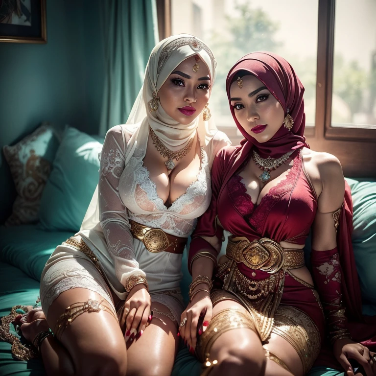 Two:2 Malaysian girls group,malay, The whole body consists of a young girl with hijab, Eye makeup, 21yo, Cat ears, Soft lighting, Solo, Wear shabby clothes, Dirty, Tattered futuristic bikini, Cat's paw badge, Pose, spot color, rendering by octane, Ultra-realistic intricate details, Cinematic, 8K resolution, 70mm, emphasis lighting, Global illumination, Full body portrait, clean detailed faces, Complex clothing, Cute face, (((wearing a Sexy belt design by LV))) bride very fit physique (38D breast:1.3) , (((Woman with hijab style, hijab prostitute)), (lace stockings), (((Wearing: diamond necklace and earrings))). RAW photo, full sharp, detailed face (high detailed skin:1.2), 8k uhd, dslr, soft lighting, high quality, film grain, Fujifilm XT3, (extremely beautiful face, sexy lips, beautiful red lips, Clear eyes, beautiful eyes), (big green eyes), pretty girl, face forward, intricate detail face, ((ultra detailed skin)) (skin texture, film grain), Detailed beautiful face, natural tpose, natural facial expression, (((Straight breasts))), Surreal full-body figure, Beautiful and delicate body and face, gorgeous figure, ssmile, Titillating,Surreal full-body figure,Beautiful and detailed body and face, Super vista, White skin of the, vivd colour,🔥8k, masterpiece, RAW photo, best quality, (18k detail:1.2), photorealistic, extremely, deep shadow, earrings, bracelets, necklace,