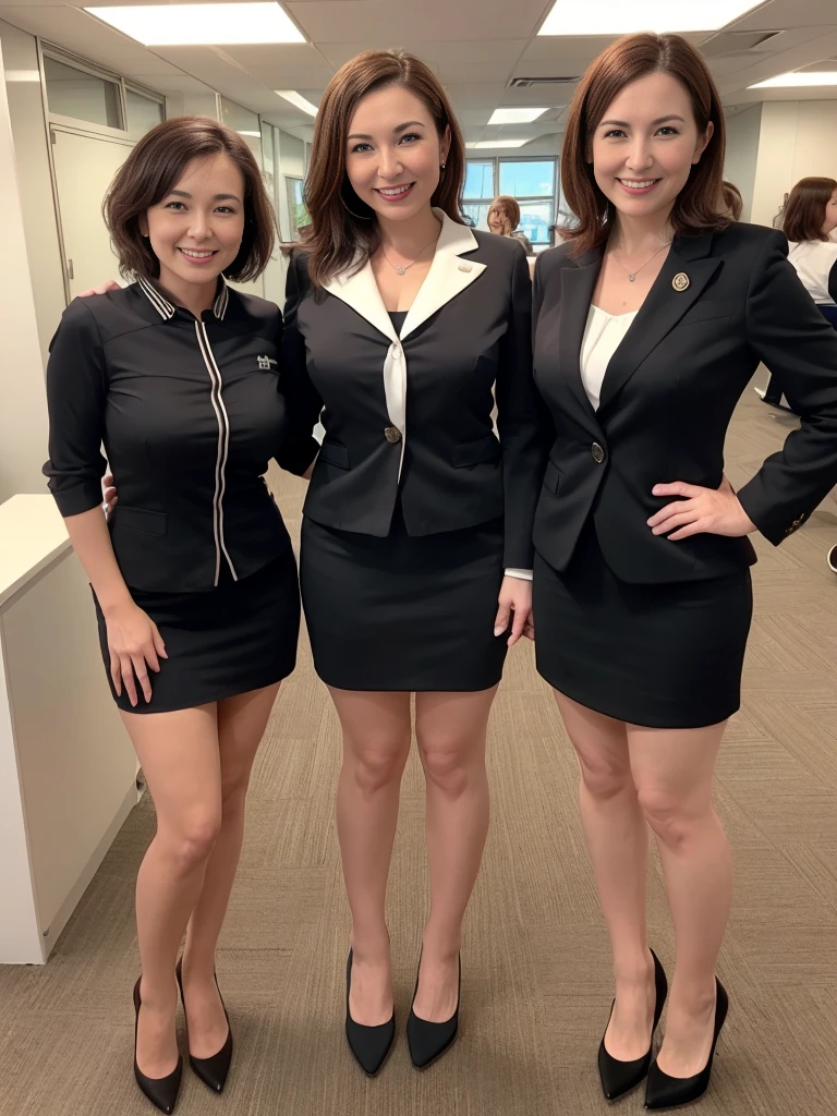 (highest quality),(8K),(masterpiece),(high resolution),(Photorealistic),(Mature women in their 40s),(Three Women:1.2),The background is the office,(Huge breasts),Short Hair,Full Body Shot,(A business uniform that emphasizes the shape of the breasts),(Ecstatic expression:1.2),(Slender:1.2),(Beauty),(Narrow waist),Short skirt,Thin and beautiful legs,Tempting Pose