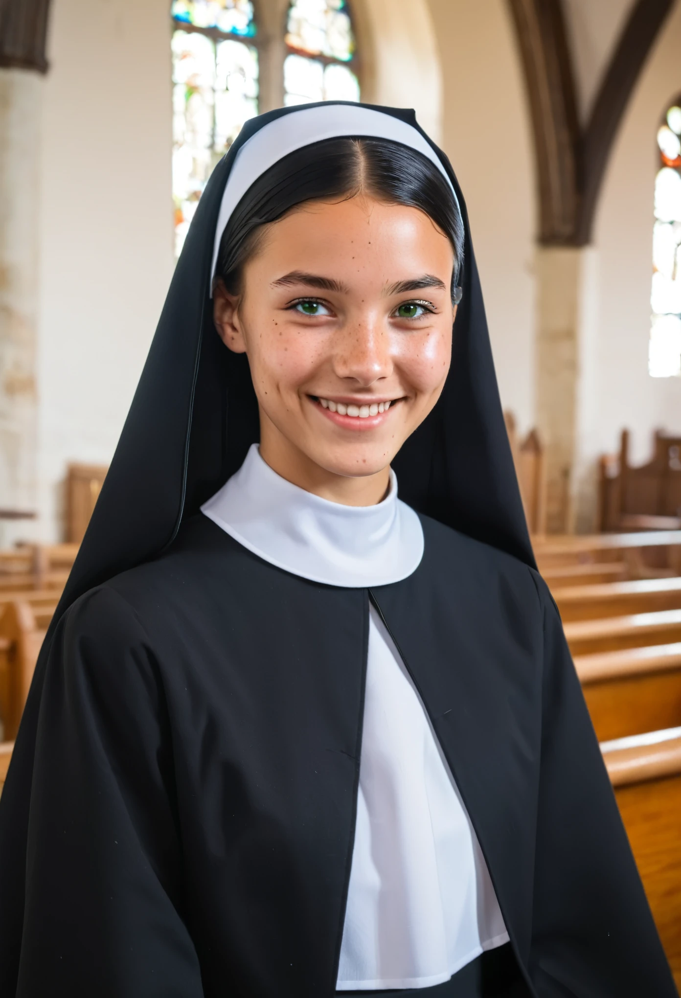 Close up of pastoral girl nun aged 17, slim body, polite costume, smiling peacefully in church background. She is tanned skin with freckles, black hair and green eyes