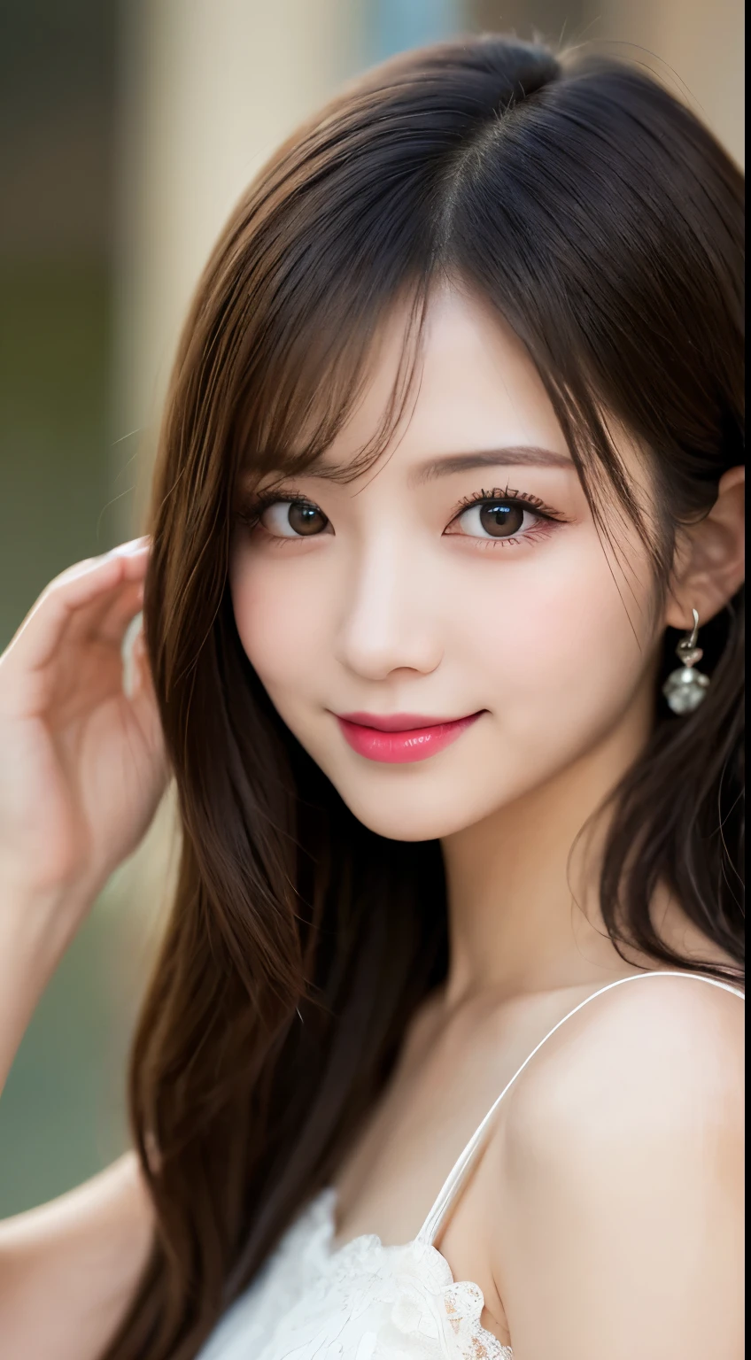 Tabletop, highest quality, shape, Very detailed, finely, High resolution, 8k wallpaper, 完璧なダイナミックな構shape, Beautiful and detailed,ランダムなcute髪,,Natural color lip, Bold sexy pose,smile、20-year-old girl、cute、Looking at the camera,Always blur the background,Perfect and beautiful face,Slim face and figure,Big eyes、Putting on gal makeup,Small face,Shooting from below、smile,Blurred Background,Elegant feminine face、Cyberpunk Fashion、Smile