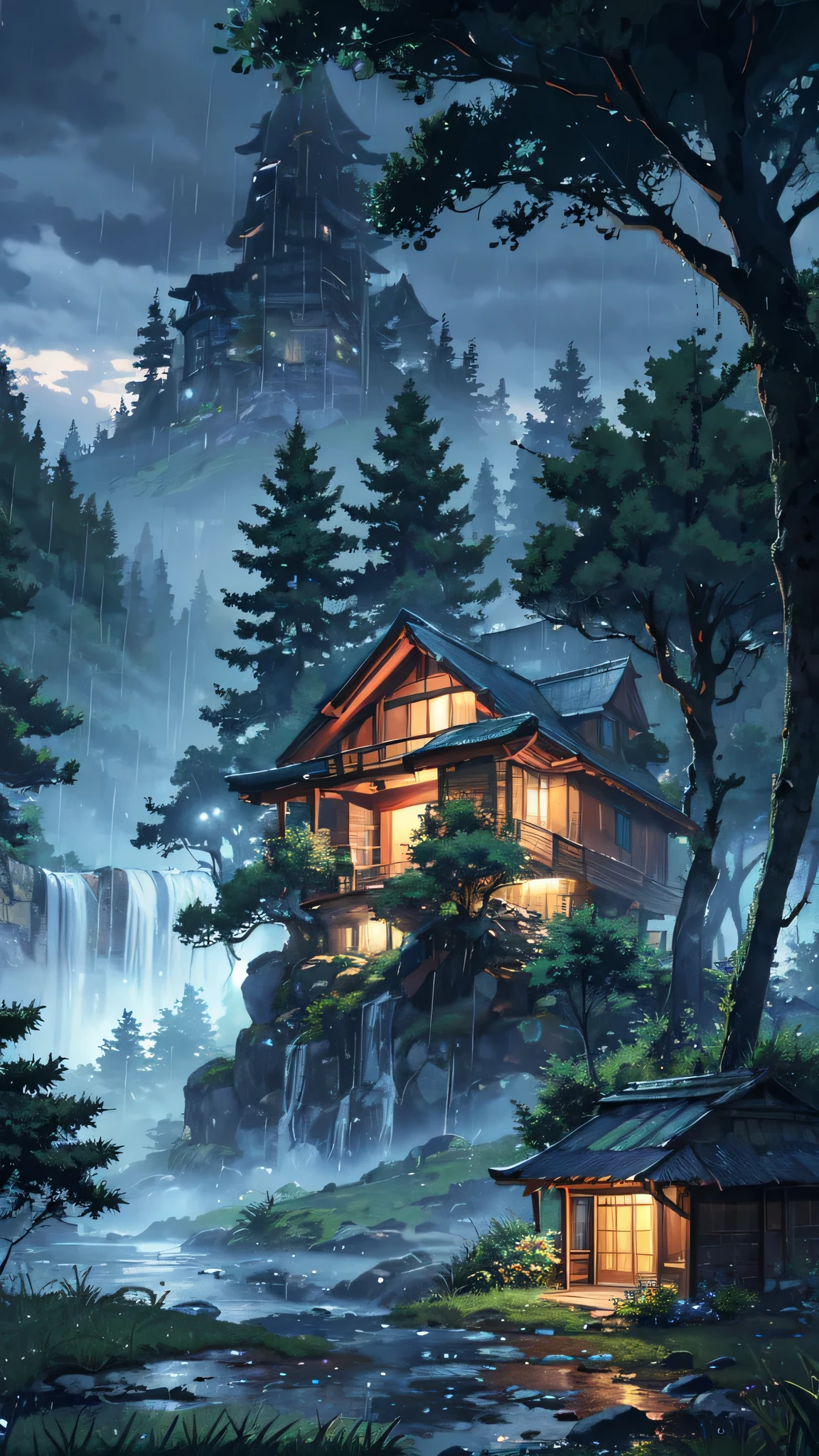 Anime rainy day scenery
BREAK (masterpiece, best quality:1.2), outdoors, nature, forest, pines, grass, tall grass, detailed grass, plants, cloudy sky, trees, wood house from distance, waterfalls, monsoon, evening, dark