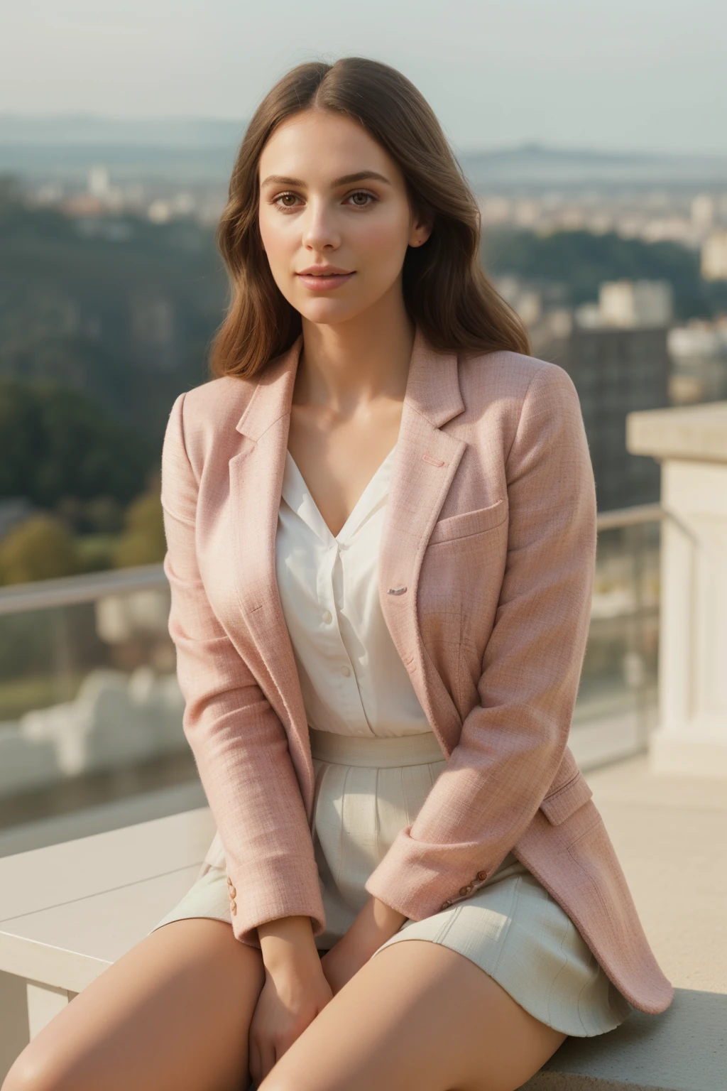 (Masterpiece: 1.1), Stunning model, radiant complexion, pink tweed jacket and matching skirt, gracefully seated, angelic aura, sprawling landscape view, ethereal white background, serene expression, floating on a cloud, lightly touching the bottle of CHANCE EAU FRAÎCHE perfume, captivating, photorealistic, ultra-high definition, ultra-detailed: 1.5, glowing skin texture, graceful curves, golden hour lighting, hazy sunlit scene, intricate details, refined elegance, delicate features, soft focus, cinematic, surreal, dreamlike.