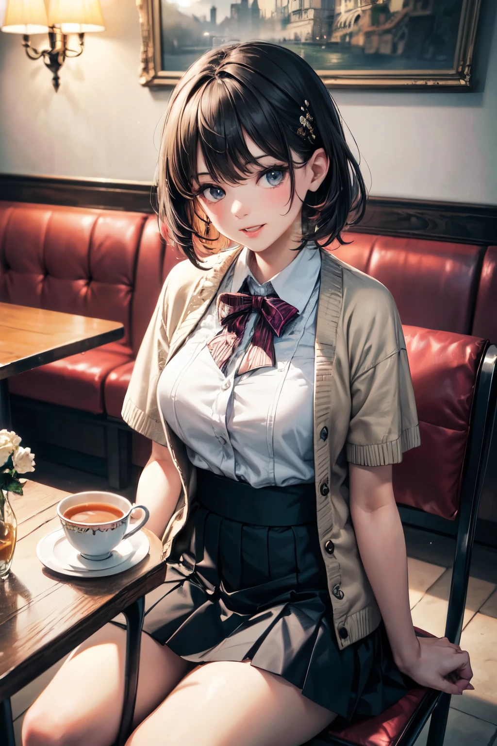very cute and beautiful girl sitting on chair in antique retro restaurant,(highly detailed beautiful face),
white blouse,laugh,(beige cardigan,short sleeve:1.15) BREAK hair ornament,black hair,pleated black mini skirt,
(cups of tea),(ice cream gelato),distant some persons at table,depth of field,
(best quality,masterpiece),absurdres,highres,ultra-detailed,extremely detailed,32k,8k resolution,
intricate details,cinematic scene,detailed background,solo,dynamic angle,
(realistic),