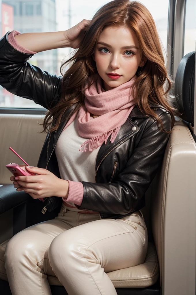 Photorealistic, best quality, hyper detailed, selfie photo, upper body. Gorgeous, pretty, warm-hearted, kind-hearted, good-hearted, stunning, cheerful, sweet, polite, sensitive, sensible, shiny, charming, alluring, dreamy, graceful, classy, stylish, flowing extra long ginger haired russian woman with the cutest face, fair porcelain skin, soft make-up, red lipstick, she is wearing a leather jacket, skinny trousers, riding boots and pink scarf. She's a tripping by train.