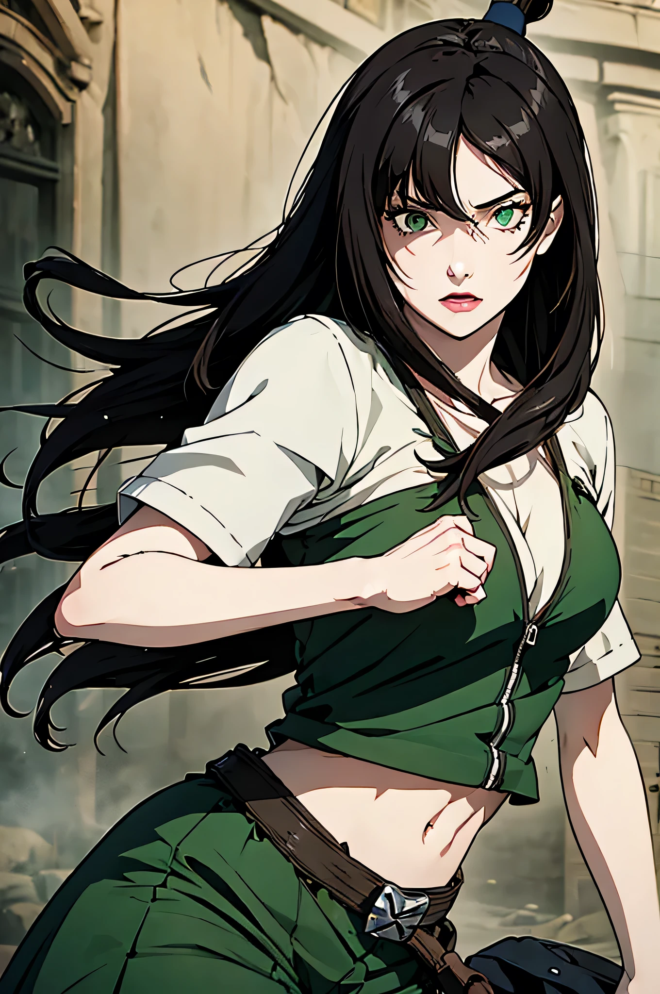 ((masterpiece, highest quality)), (solo focus), (perfect face:1.1), (high detail:1.1),dramatic, 1girl, (pale skin), Green eyes: 1.5, solo, long black hair, Hair over one eye), detailed background, Green clothes, earthbender, Mei from Naruto, (Abs:1.2), sfw,