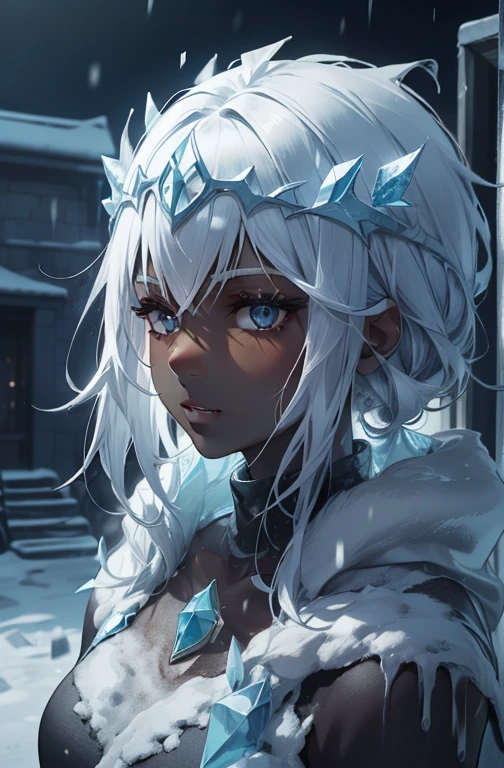d3fr0 style, 1girl, freezing, ice, white hair, (((brown skin, latina, dark skin))),portrait, solo, in the snowy remnants of an ancient and destroyed town desolate, icey crown