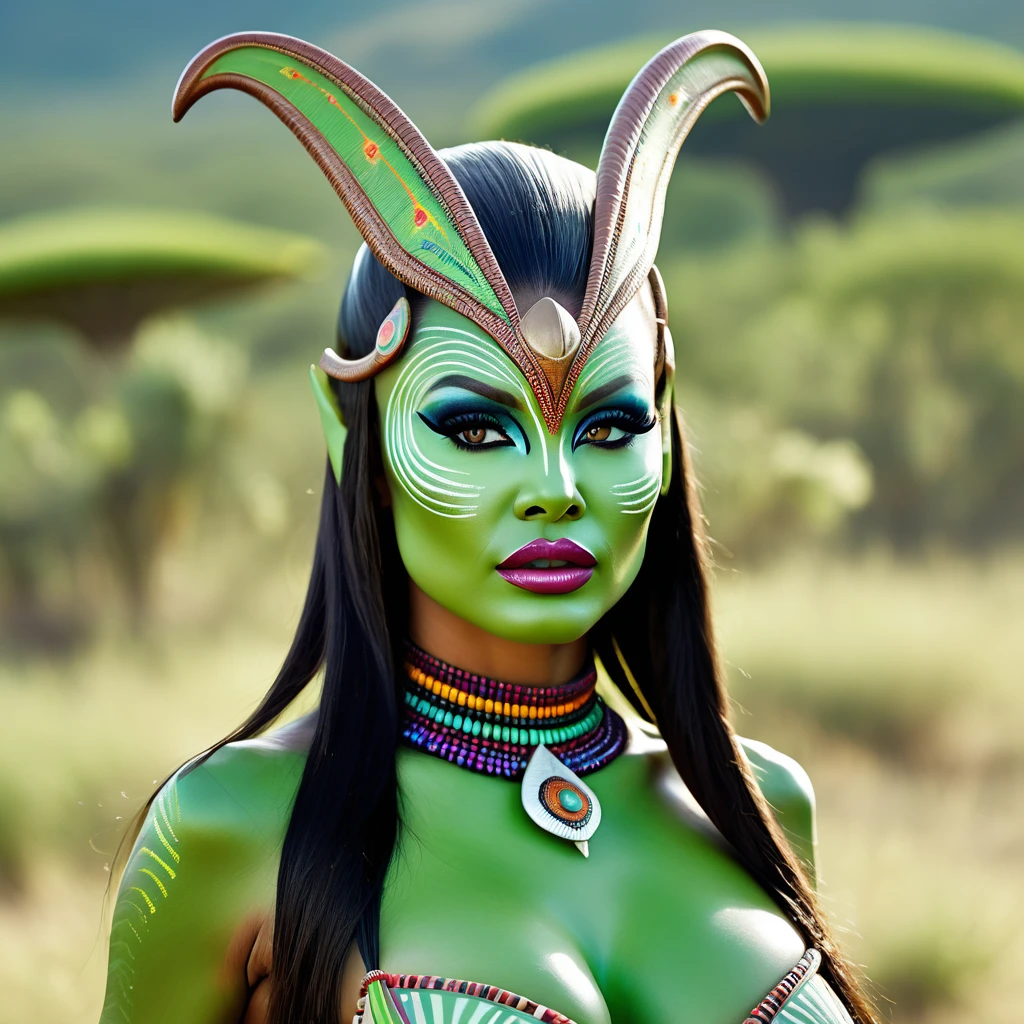 (best quality,4k,8k,highres,masterpiece:1.2),ultra-detailed,(realistic,photorealistic,photo-realistic:1.37),full body portrait of beautiful alien (light green skin, small cute antenna) native tribal woman in muddy primitive farm:1.2,(herding affectionate 3 foot tall 3 feet wide bioluminescent tentacle monsters)(primitive straw broad rim hat, colorful tribal belt, unclad, some tribal tattooing and intricate extensive body paint, breast curtains, confidence, big natural breast), (vivid colors, outdoors, green pastures). (head to toe, show all of her)(Safe for work)