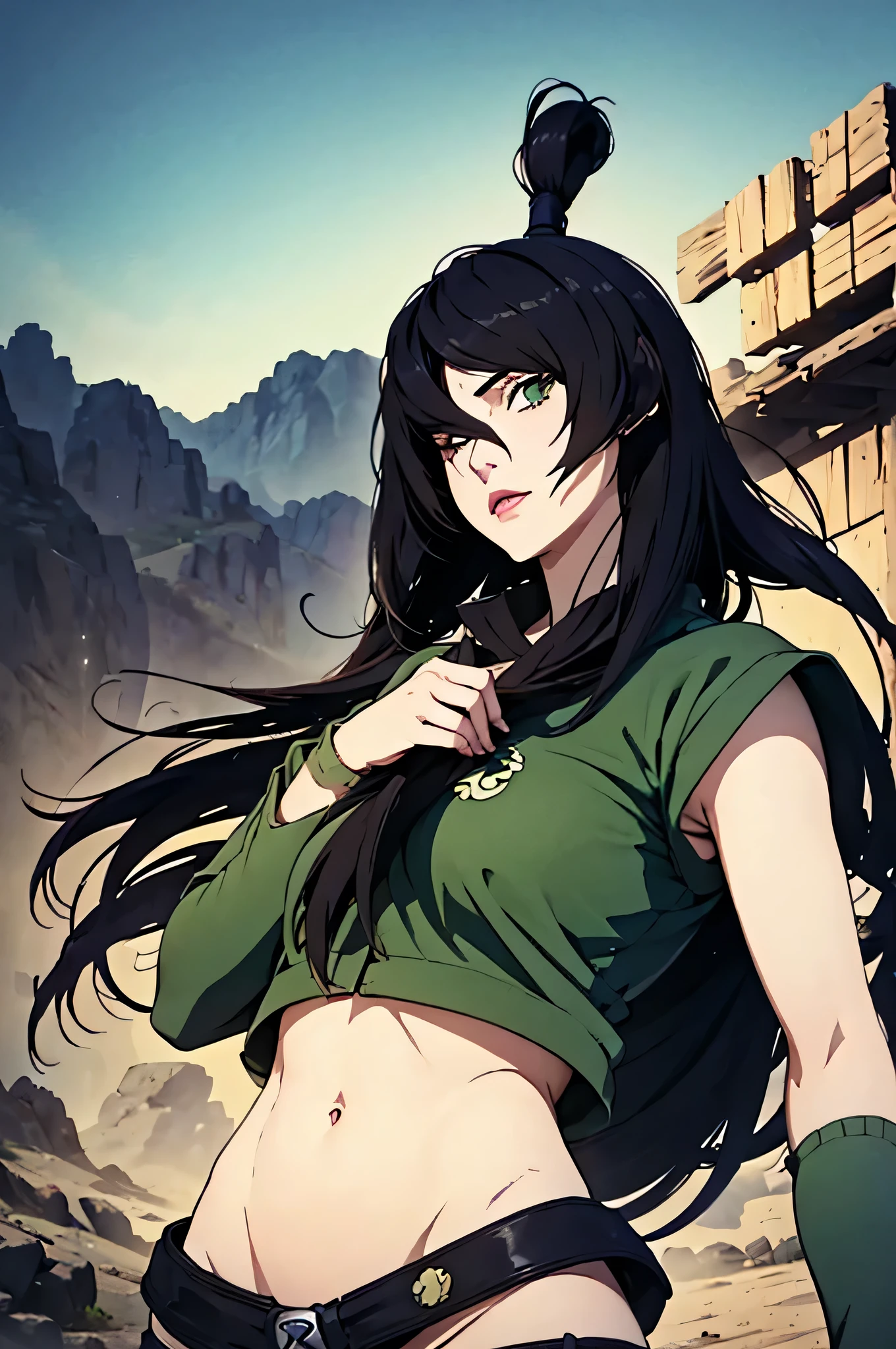 ((masterpiece, highest quality)), (solo focus), (perfect face:1.1), (high detail:1.1),dramatic, 1girl, (pale skin), Green eyes: 1.5, solo, long black hair, Hair over one eye), detailed background, Green clothes, earthbender, Mei from Naruto, (Abs:1.2), sfw,