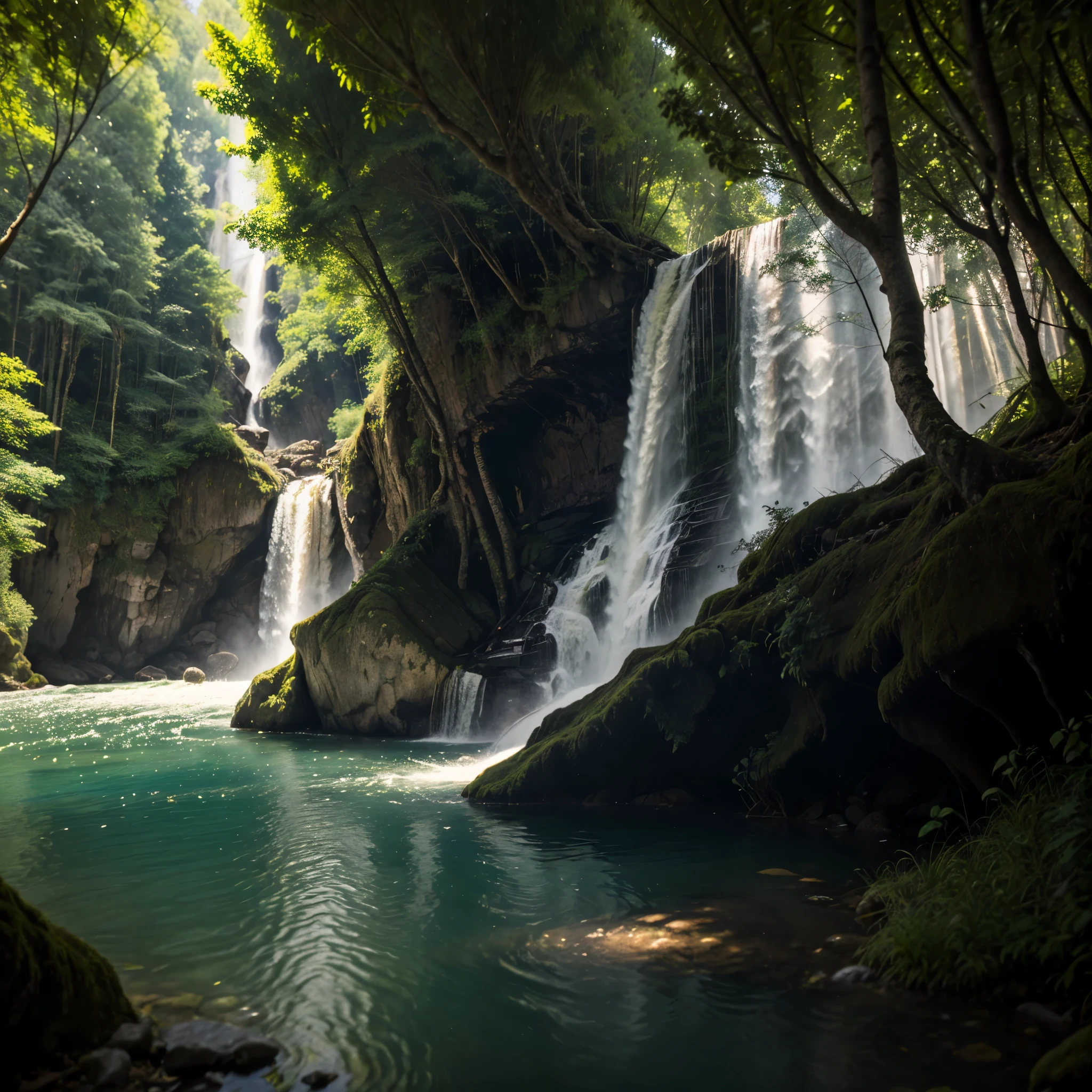 (YES SFW). Beautiful Girl, Spanish makeup, Red lips, big breasts, medium body, wrap a towel, body towel wrap, white towel, thigh, bodytowel, Looking at the viewer, stand, pose standing, lakes, (((view of the lake in the middle of the forest, waterfall))), rainfall, sunlight. Ultra photoreal shot. High details, Backlit. Diffuse lights. Viewed from afar. Dutch angle. realistic hands, wide angle. Isometric, green fog in cave, smoke around