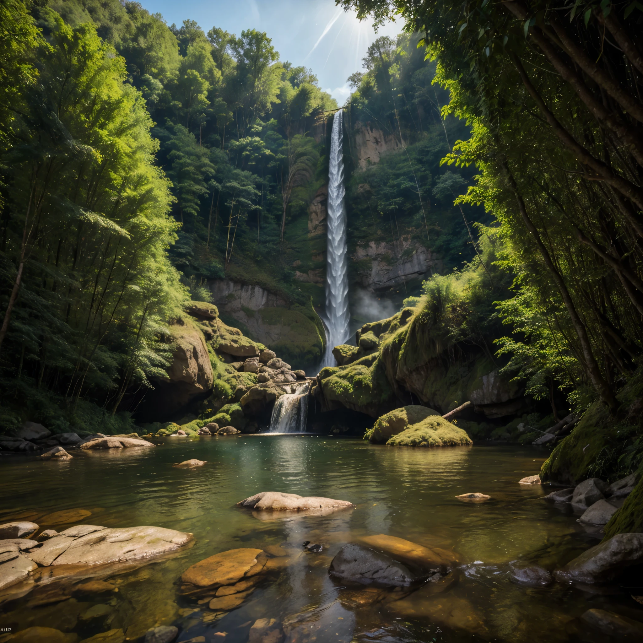 (YES SFW). Beautiful Girl, Spanish makeup, Red lips, big breasts, medium body, wrap a towel, body towel wrap, white towel, thigh, bodytowel, Looking at the viewer, stand, pose standing, lakes, (((view of the lake in the middle of the forest, waterfall))), rainfall, sunlight. Ultra photoreal shot. High details, Backlit. Diffuse lights. Viewed from afar. Dutch angle. realistic hands, wide angle. Isometric, green fog in cave, smoke around