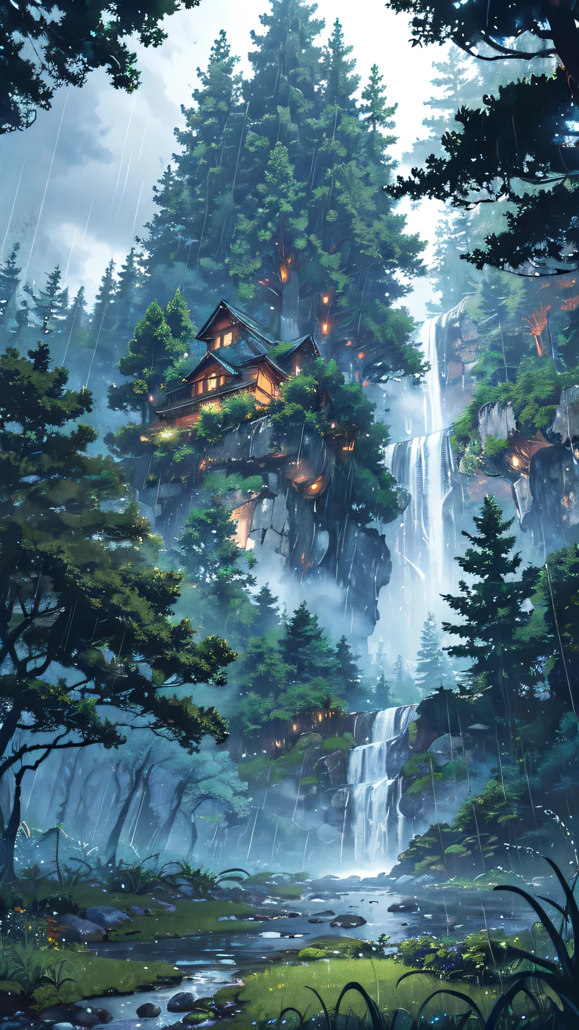 Anime rainy day scenery 
BREAK (masterpiece, best quality:1.2), outdoors, nature, forest, pines, grass, tall grass, detailed grass, plants,  cloudy sky, trees, wood house from distance, waterfalls, monsoon, evening, dark
