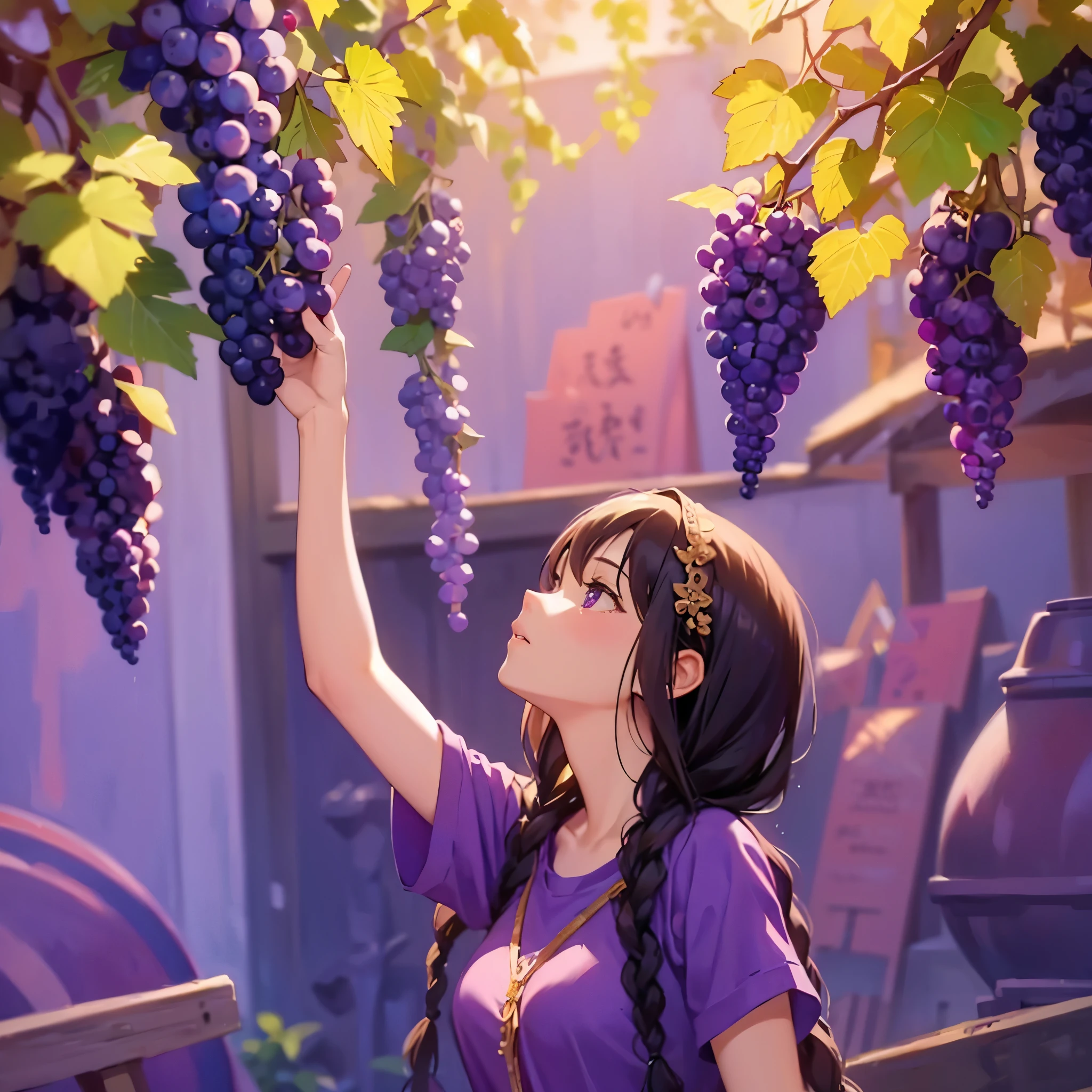 Top quality, masterpiece, vineyard, tons of grapes, woman touching grapes, purple braided hair, wearing purple t-shirt,