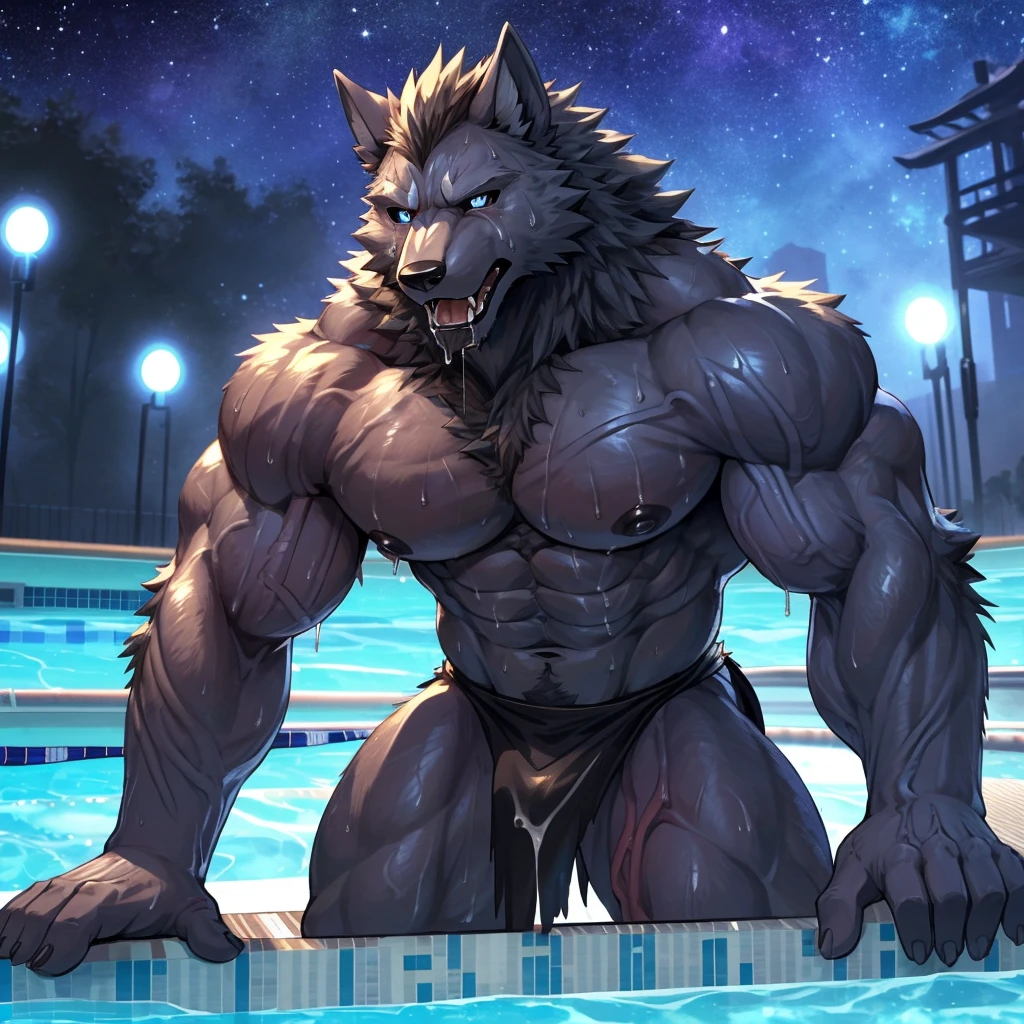 (highest quality:1.2), (masterpiece:1.2), anime, ultra detailed, angle from bottom
, Shaggy male black wolf, Black Wolf, great physique,Strong arms, manly, bodybuilder, (Veins throughout:1.9)
, (Excessive sweating:1.5), (Sweat all over the body:1.5)
, Look up to the sky, Black loincloth
, Fine grain, (ultra detailed eyes:1.4), black sclera, lightblue pupil
, black tongue, A large amount of saliva, Tears dripping
,From null-ghost, (Poolside:1.5), The background is a forest, The lost city lights, end:night、in the starry sky