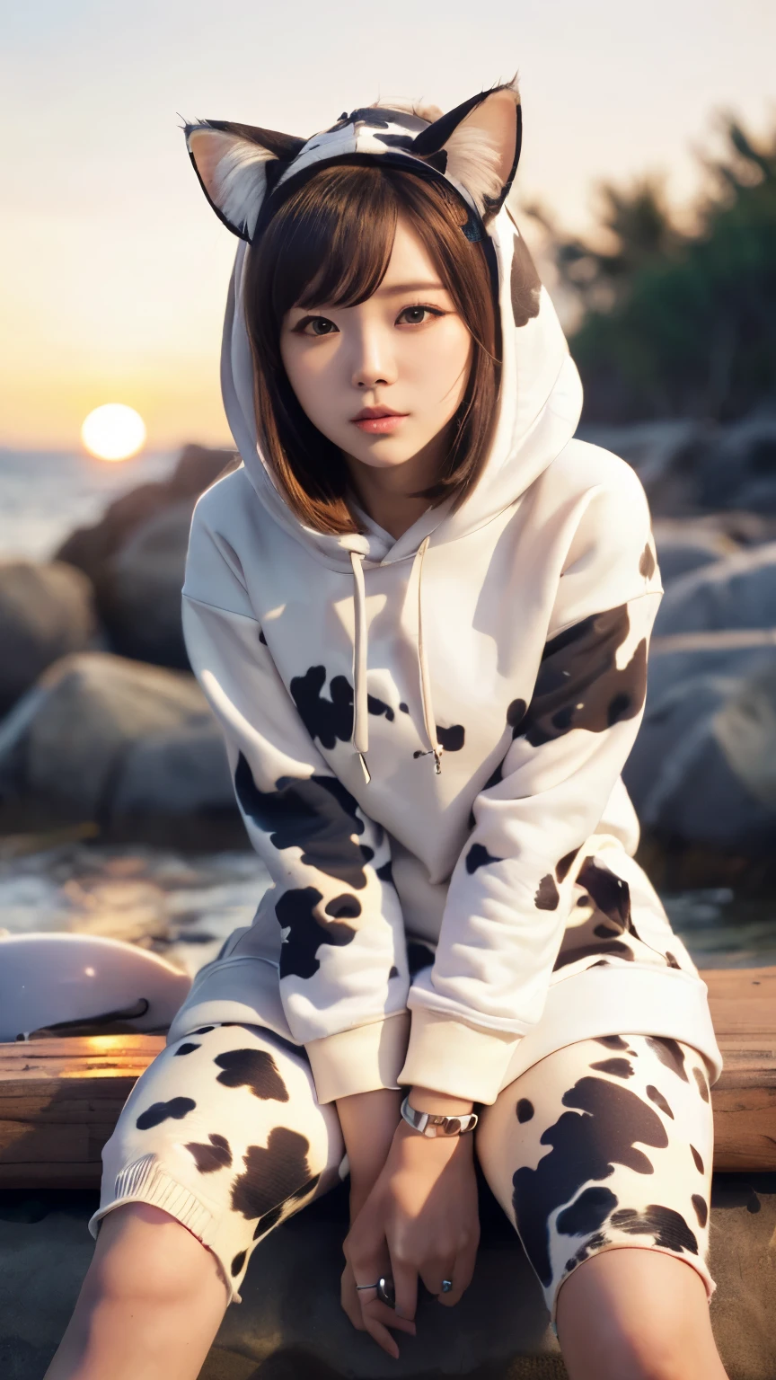 masterpiece, 4k, Bokeh, (Japanese idol:1.6), (Cat ears:1.3) , Light brown eyes, (Cow pattern Hoodie :1.4), Blushed face, looking at the viewer, sitting, (Holding cat),
(sunset seashore :1.4), (close up:1.2), (From below:1.4)