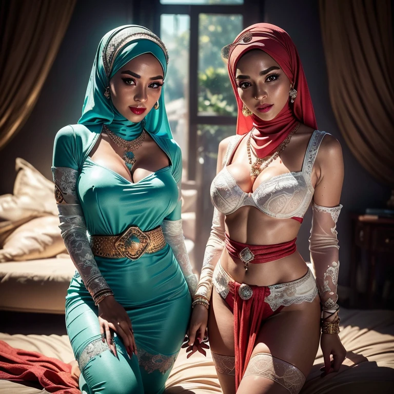 Two:2 Malaysian girls group,malay, The whole body consists of a young girl with hijab, Eye makeup, 21yo, Cat ears, Soft lighting, Solo, Wear shabby clothes, Dirty, Tattered futuristic bikini, Cat's paw badge, Pose, spot color, rendering by octane, Ultra-realistic intricate details, Cinematic, 8K resolution, 70mm, emphasis lighting, Global illumination, Full body portrait, clean detailed faces, Complex clothing, Cute face, (((wearing a Sexy belt design by LV))) bride very fit physique (38D breast:1.3) , (((Woman with hijab style, hijab prostitute)), (lace stockings), (((Wearing: diamond necklace and earrings))). RAW photo, full sharp, detailed face (high detailed skin:1.2), 8k uhd, dslr, soft lighting, high quality, film grain, Fujifilm XT3, (extremely beautiful face, sexy lips, beautiful red lips, Clear eyes, beautiful eyes), (big green eyes), pretty girl, face forward, intricate detail face, ((ultra detailed skin)) (skin texture, film grain), Detailed beautiful face, natural tpose, natural facial expression, (((Straight breasts))), Surreal full-body figure, Beautiful and delicate body and face, gorgeous figure, ssmile, Titillating,Surreal full-body figure,Beautiful and detailed body and face, Super vista, White skin of the, vivd colour,🔥8k, masterpiece, RAW photo, best quality, (18k detail:1.2), photorealistic, extremely, deep shadow, earrings, bracelets, necklace,