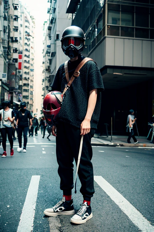 Helmet, . protest, Black coordinates, hot pants, gas mask, knit, , 14 years old, sneakers, Hongkong, Flame bottle, big、