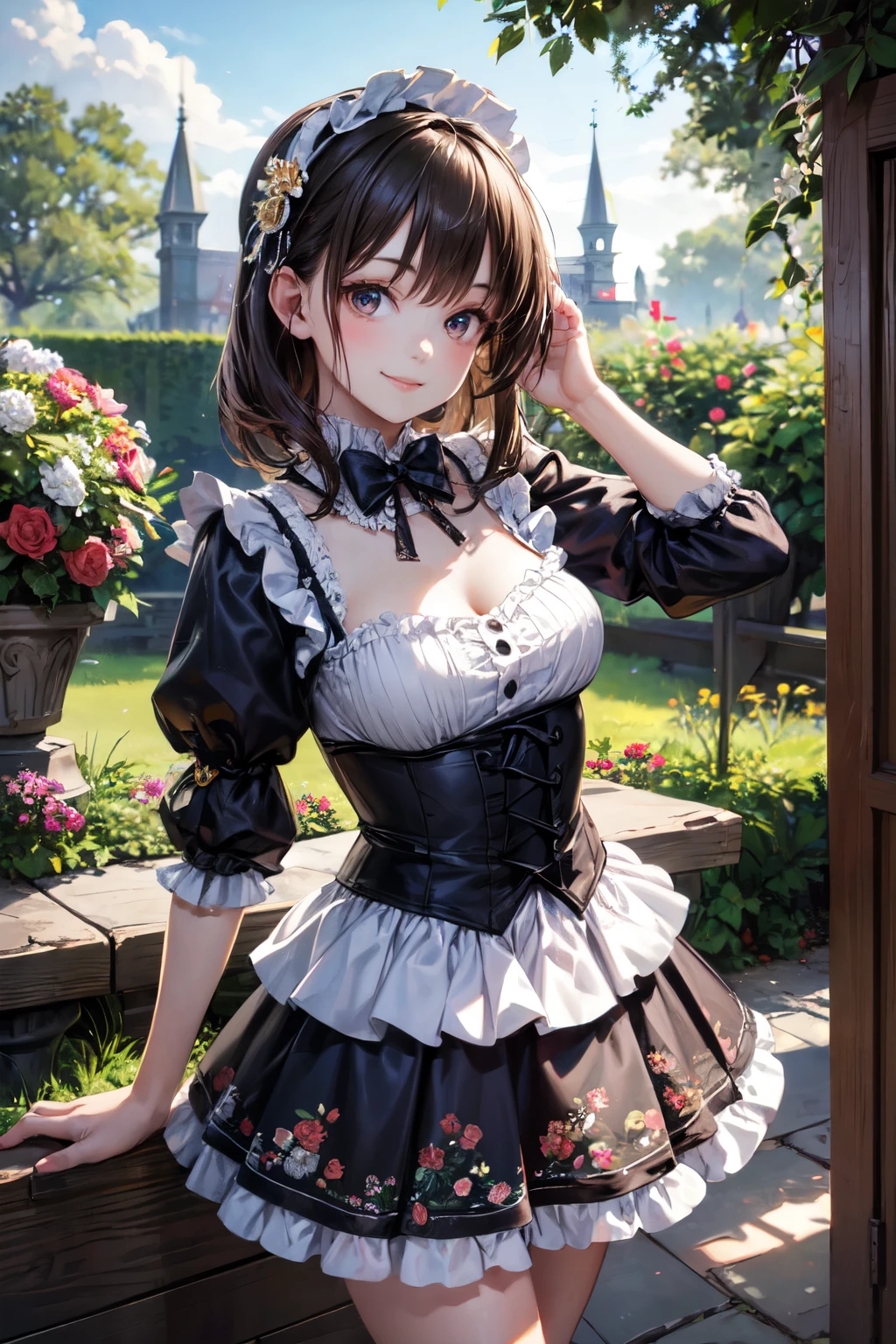 very cute and beautiful girl,(highly detailed beautiful face),(smile),
black hair,looking at viewer,stylish pose,beautiful legs,cowboy shot,
floral pattern brown ta dress with detailed frills,
flower garden,elegant wooden arbor,shrubbery,
(best quality,masterpiece),absurdres,highres,ultra-detailed,extremely detailed,32k,8k resolution,
intricate details,cinematic scene,detailed background,solo,dynamic angle,(realistic),